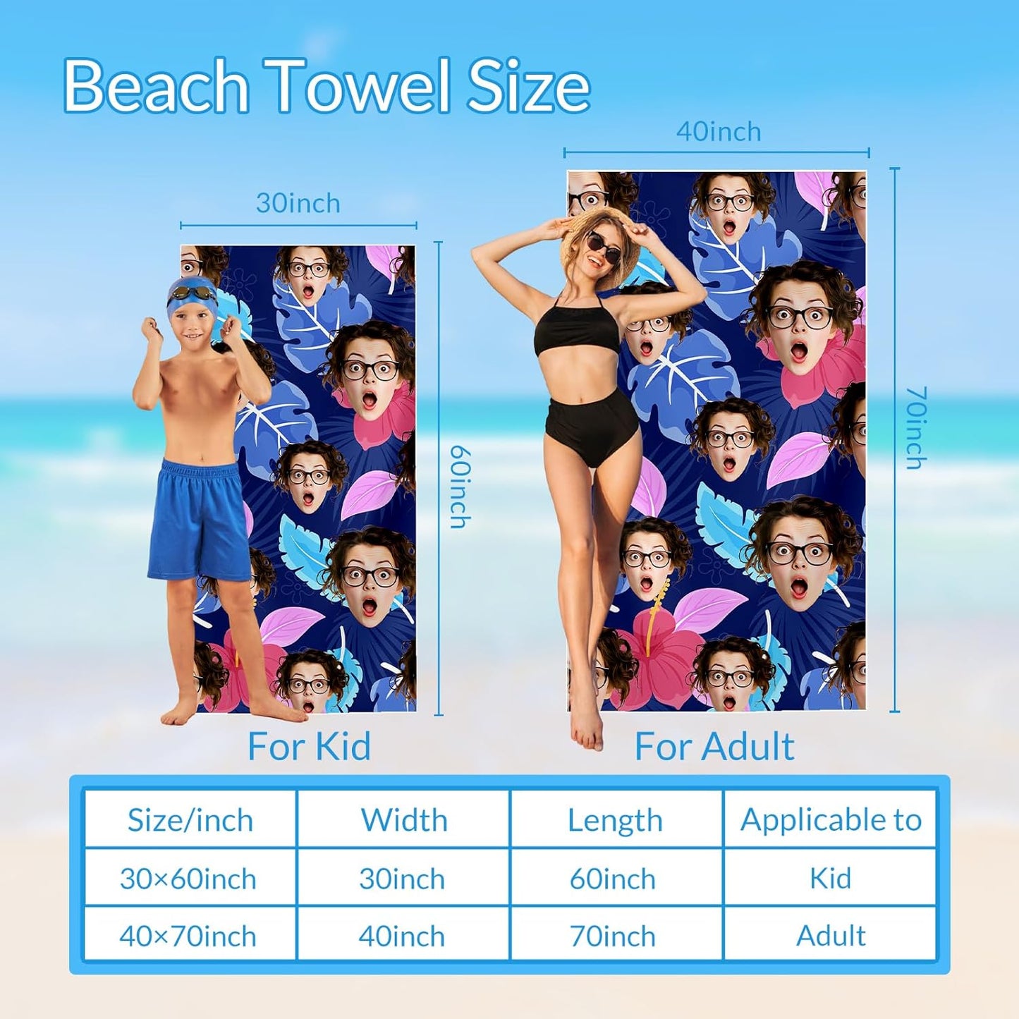 Personalized Beach Towels for Kids | Quick Dry Microfiber, Custom Photo/Text, 40"x70" Size