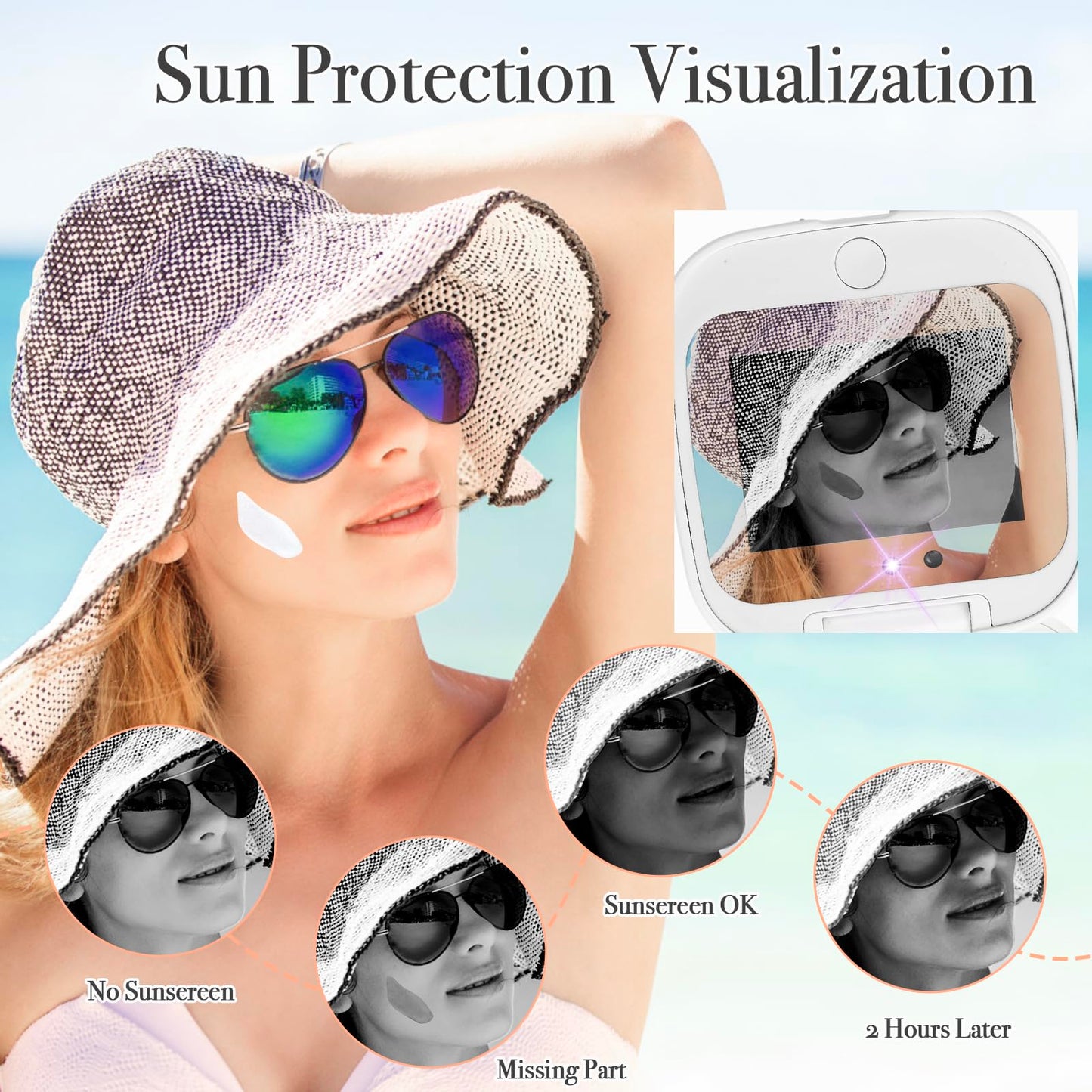 HiPai UV Camera Mirror for Sunscreen Test & SPF Detection, 1x/2x Magnifying Travel Mirror with Dimmable LED Lights, Handheld 2-Sided Portable Makeup Mirror for Handbag/Pocket,White