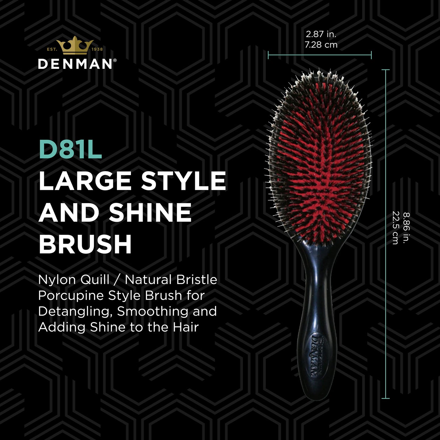 Denman Cushion Hair Brush (Large) with Soft Nylon Quill Boar Bristles - Porcupine Style for Grooming, Detangling, Straightening, Blowdrying and Refreshing Hair – Black, D81L