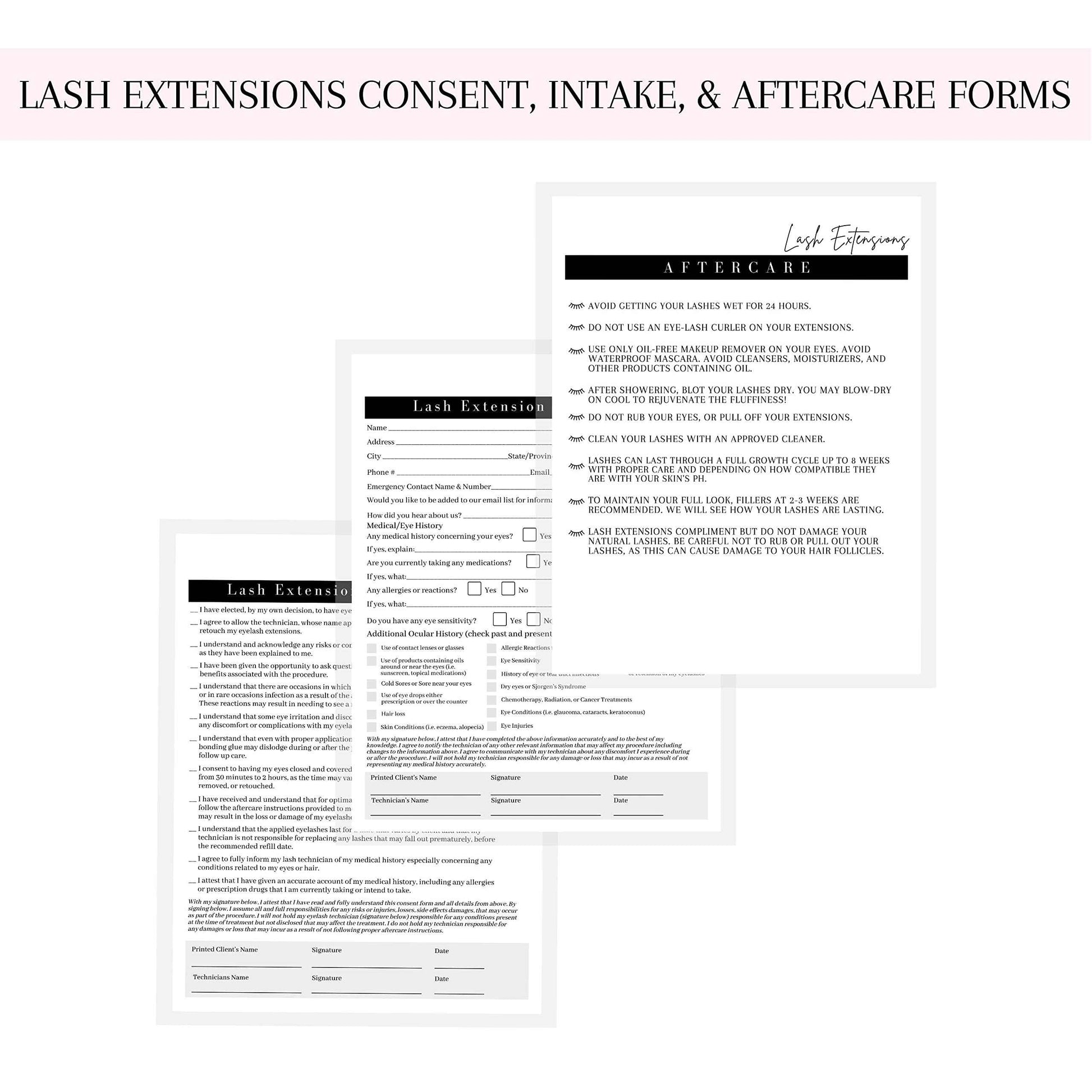 Lash Extension Consent, Intake, Aftercare Forms | 75 Pack | 8.5x11" Paper Size | Eyelash Extension Supplies