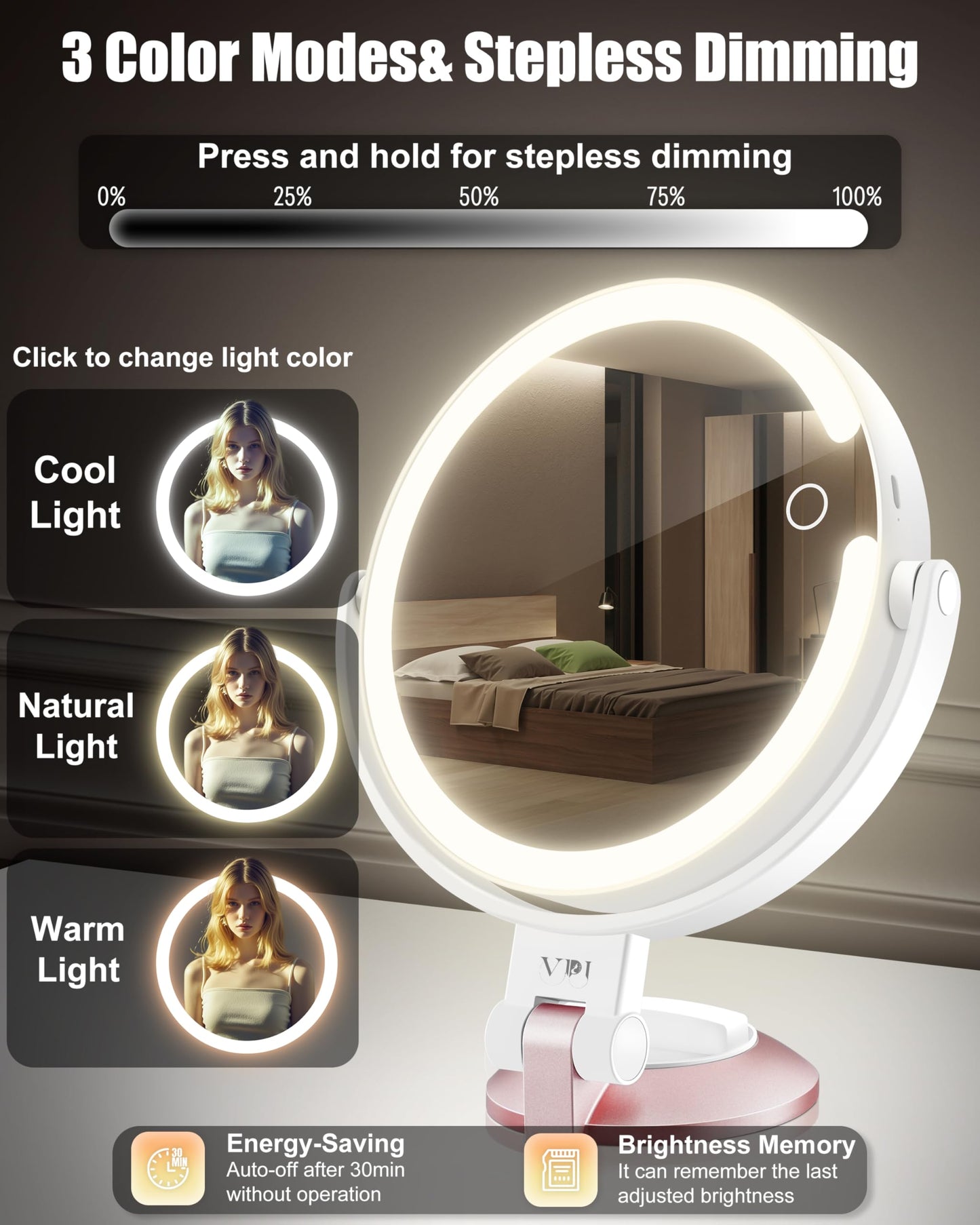 vpu 15X/1X Wall Mounted Magnifying Makeup Mirror with Power Suction Cup, Rechargeable Double Sided Regular HD/Magnification 3 Color Modes Adjustable Brightness Mirror with Lights for Bathroom, Travel