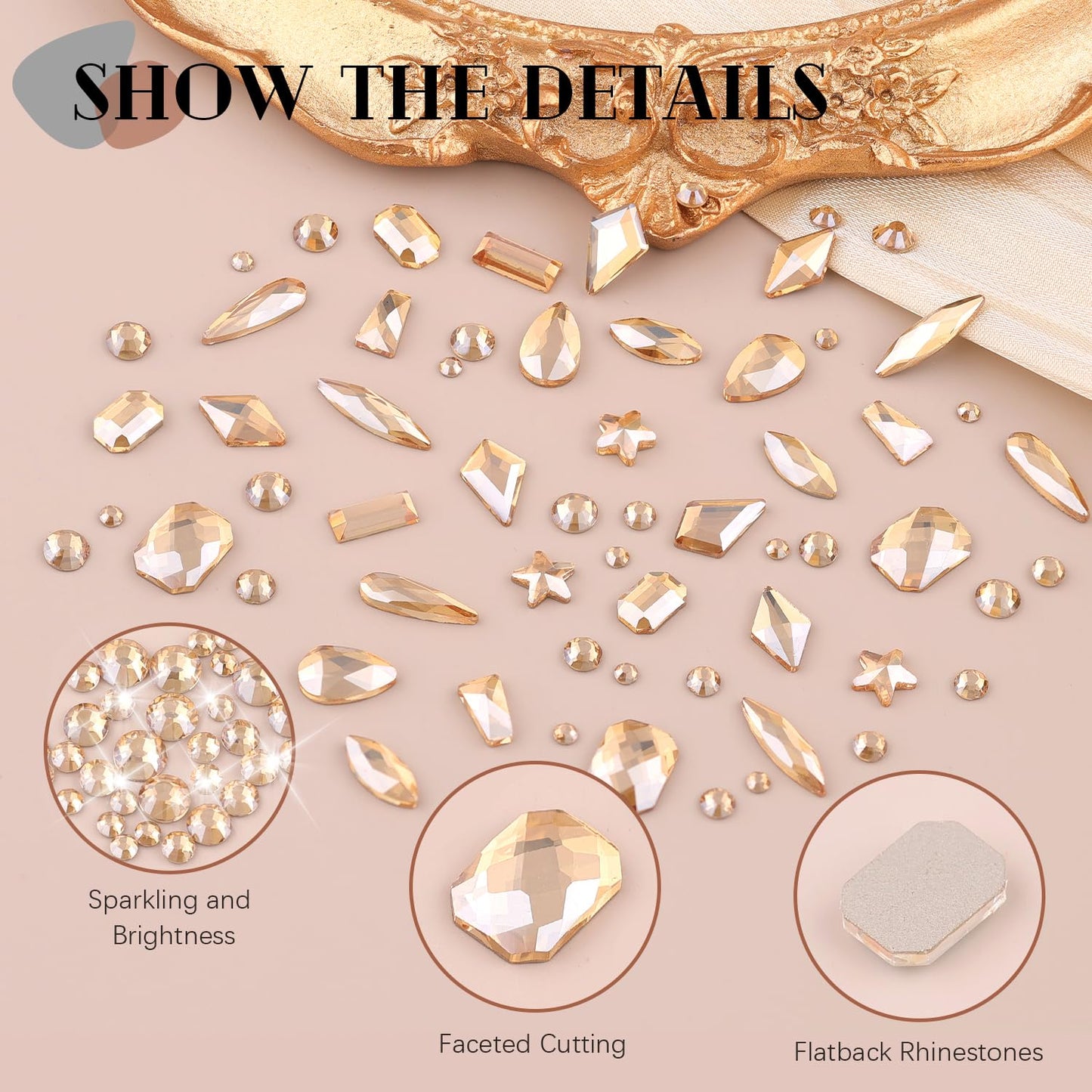 3220Pcs Champagne Gold Nail Rhinestones 120Pcs Multi Shapes Flatback Gems Charms Crystal+3100Pcs 1.5-4mm Round Beads, Glass Diamond Gemstones for Bedazzling Acrylic Nails Decoration
