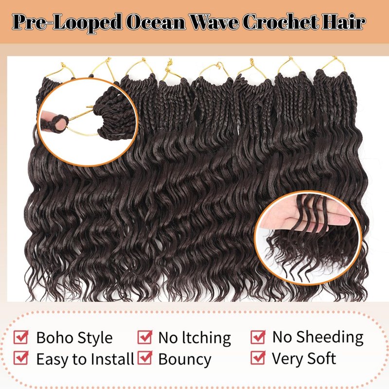 pojui 18 Inch Ocean Wave Crochet Hair 8 Packs - Synthetic Pre-Looped Deep Wavy Curly Braiding Hair for Black Women, Boho Style Hair Extensions (18inch,4#-8 Packs)