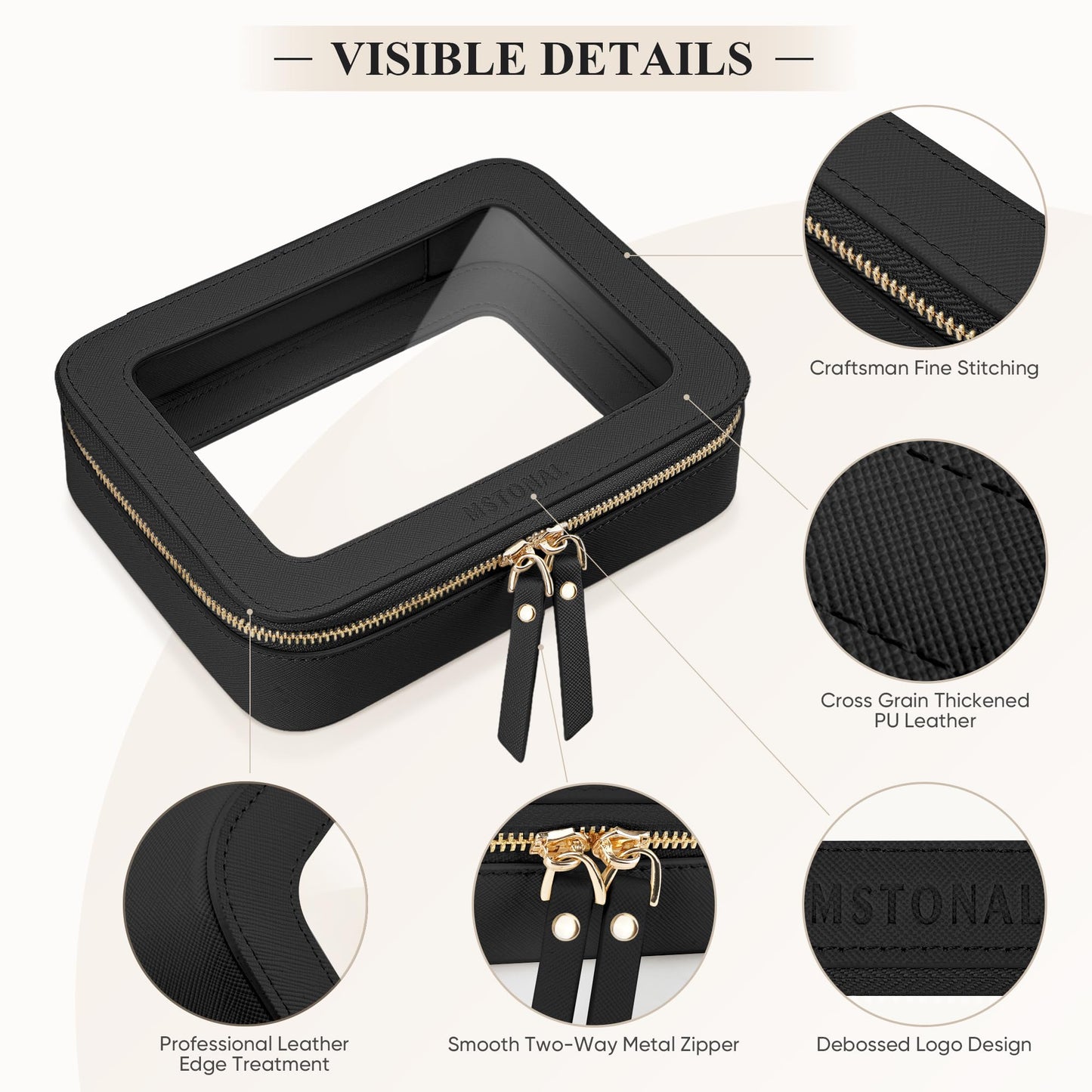 MSTONAL Clear Makeup Bag, Travel Toiletry Bag Cosmetic Case for Women, Waterproof Portable Make Up Skincare Pouch with Zipper, Compact Car Organizer Bag for Essentials, Medium Size, Black