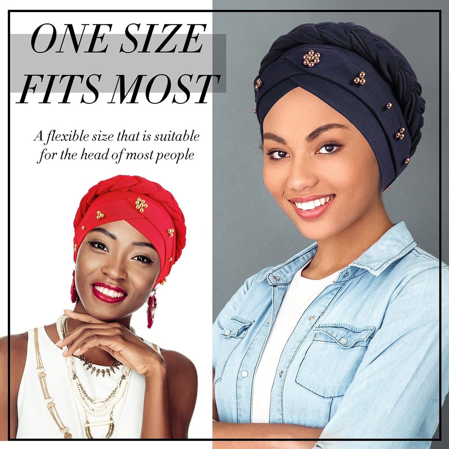 SATINIOR 9 Pcs Head Turbans for Women Chemo Headband Headwear Turban Braid Headscarf Braid Turban Wrap Pre Tied Twisted Hair Covered Beanie Beaded Headwear Cap(Classic)