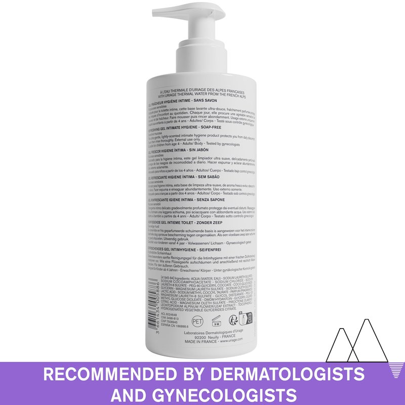 Uriage Gyn-Phy Intimate Wash Refreshing Gel Daily Hygiene For External Itimate Areas, Gently Cleanses & Respects Natural Balance, Foaming Gel, Floral Fragance, Tested Under Gynecological Control