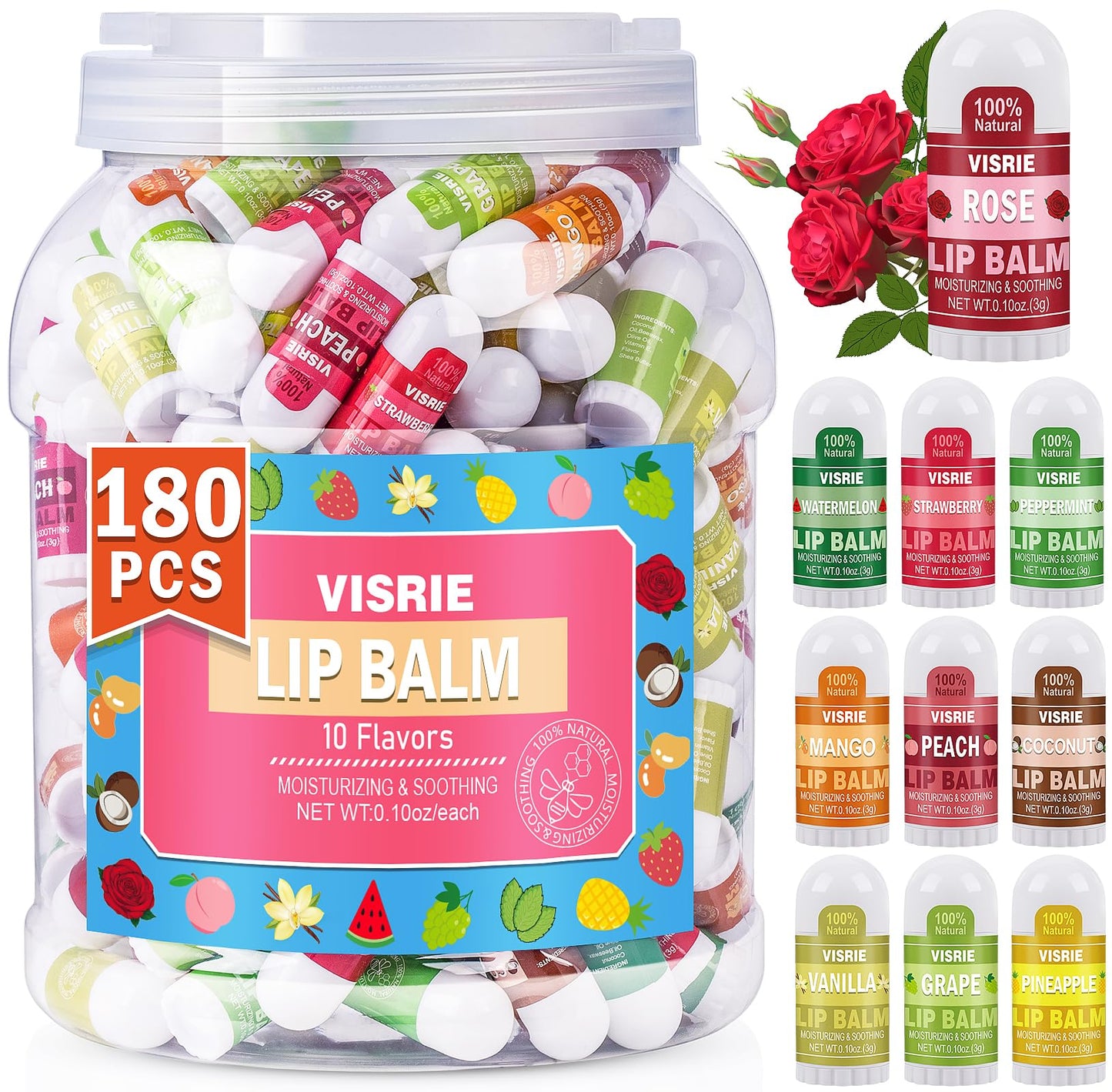 VISRIE 180 Pack Mini Lip Balm Bulk, Natural Lip Balm with Vitamin E & Beeswax, Moisturizing Lip Care for Dry Lips, Perfect for Party Favors, Care Packages & Small Gifts