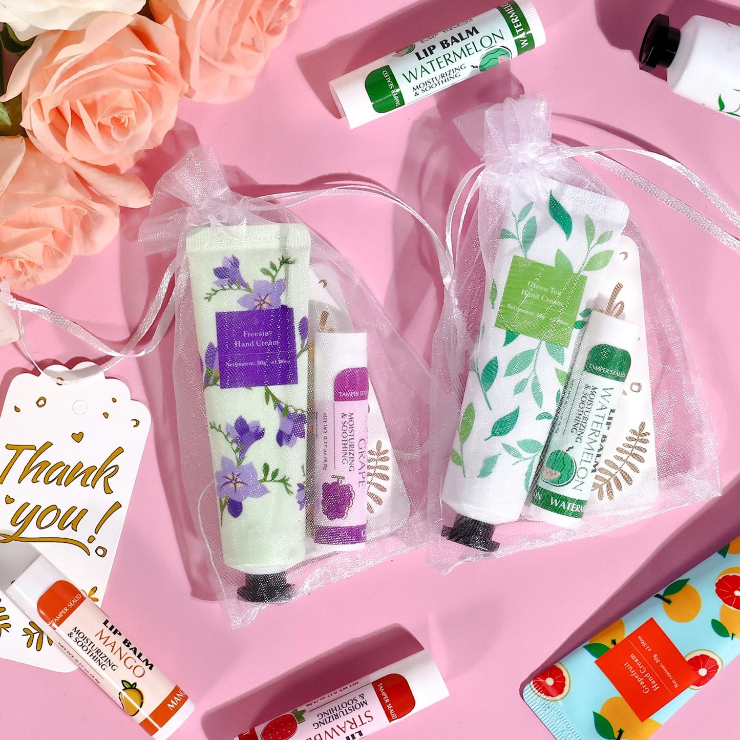 AZEN 50 Sets Bulk Gifts, Hand Cream and Lip Balm Bulk Set with Organza Bag Thank You Card, Baby Shower Wedding Gift for Guests, Bridal Wedding Favors for Guests, Mothers Day Gifts Stocking Stuffers