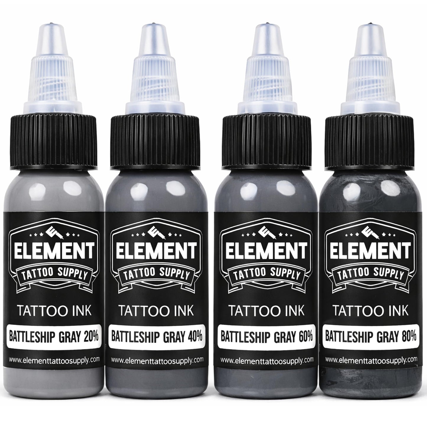 Element Tattoo Supply Battleship Gray Tattoo Ink Set - 4 Shades of Grey, Light, Medium, Medium Dark & Dark Tones, Professional Grade Tattoo Inks for Mixing & Blending, 1 oz Bottle (4 Pack)