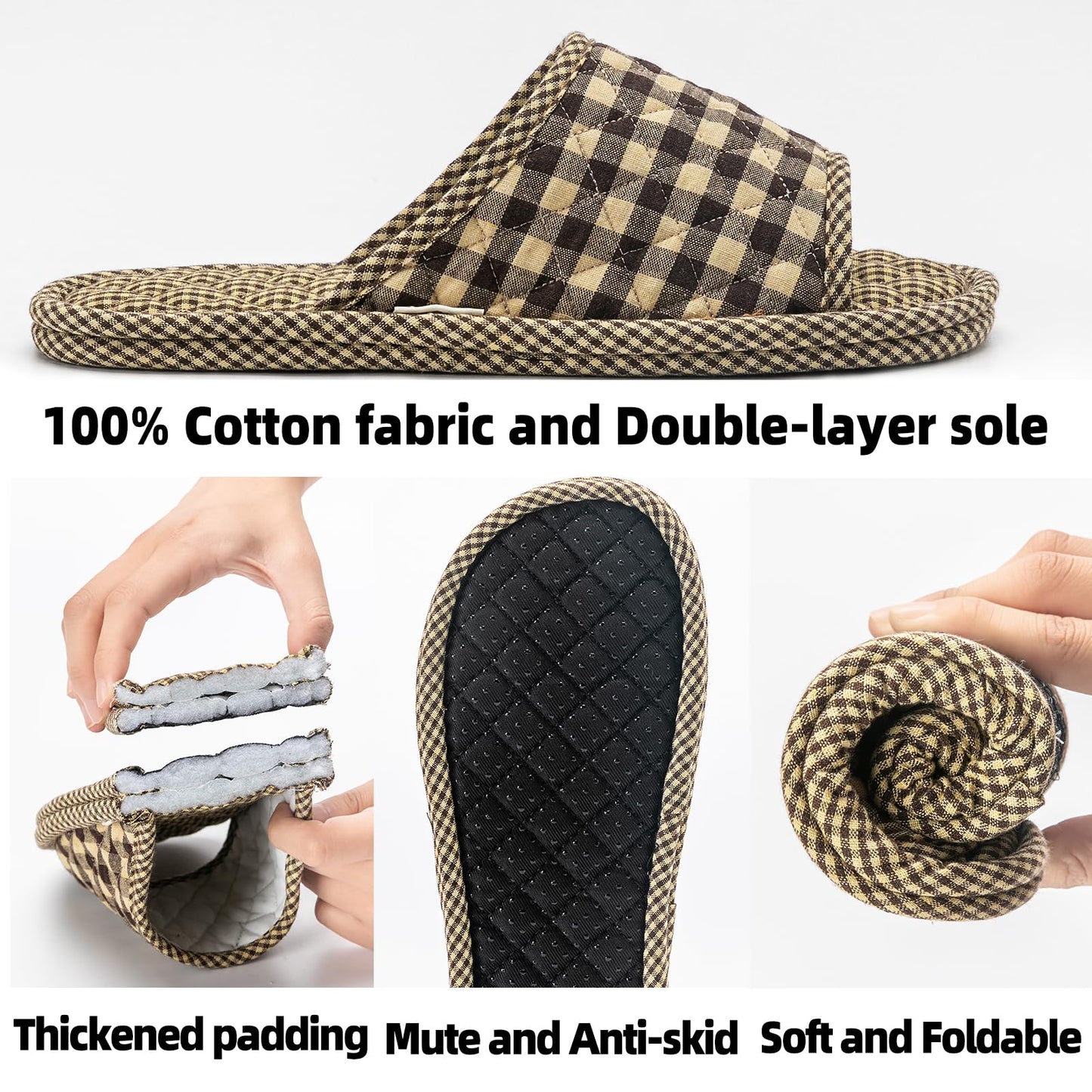 biroris 3 Pairs Plaid House Slippers for Men, Open Toe Indoor Slippers Comfortable Washable Portable Foldable Guest Travel Hotel Airplane Spa Slippers