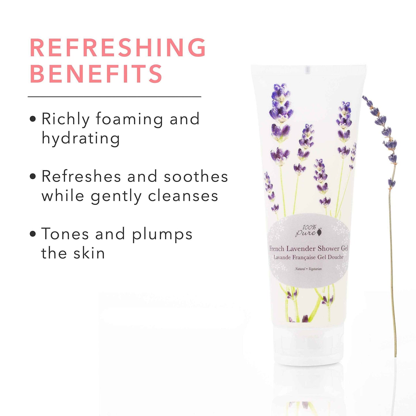 100% PURE French Lavender Shower Gel Natural Foaming & Hydrating Body Wash - Deeply Moisturizing Gentle Soap Cleanser for All Skin Types, Even Sensitive - Gluten-Free - 8 Fl Oz