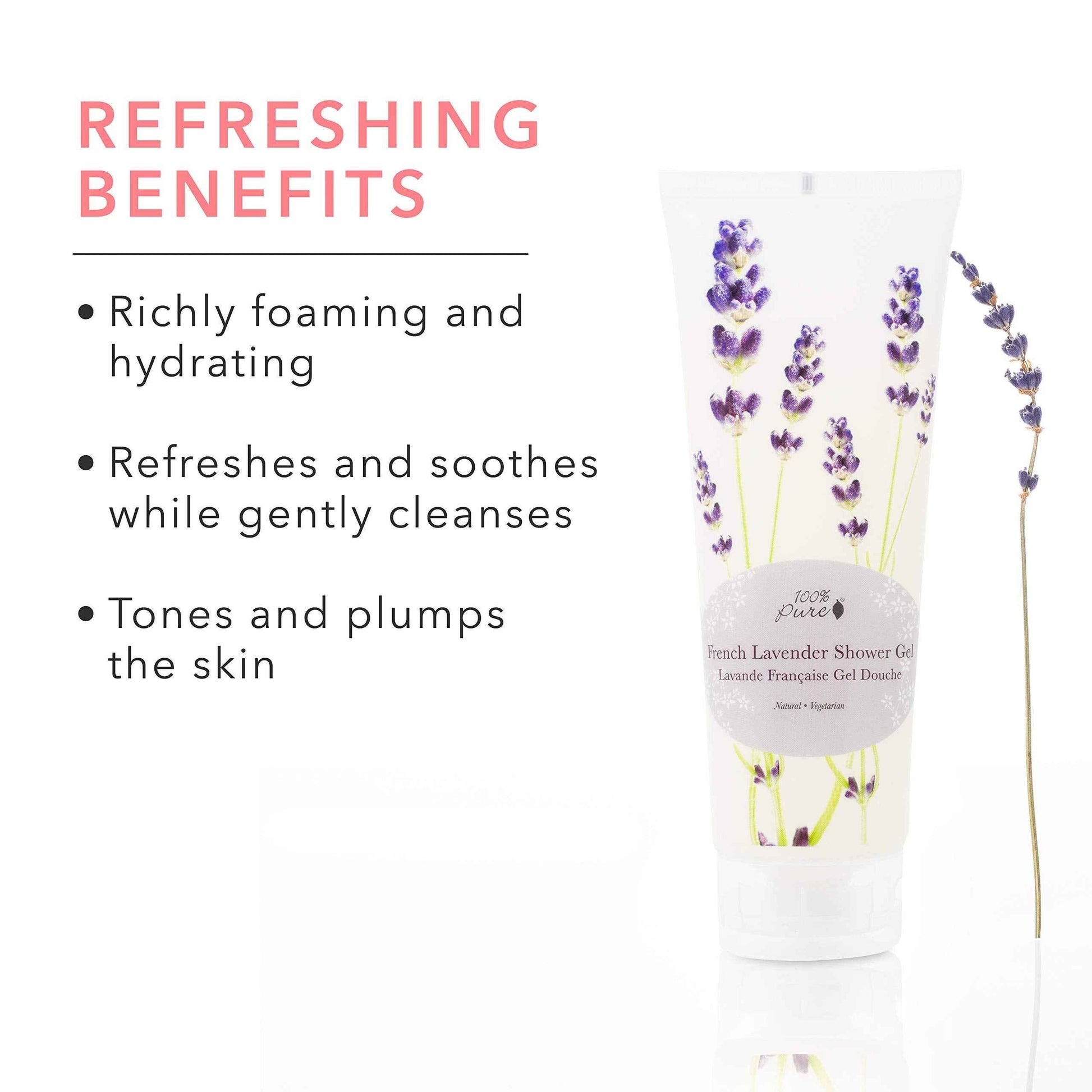 100% PURE French Lavender Shower Gel Natural Foaming & Hydrating Body Wash - Deeply Moisturizing Gentle Soap Cleanser for All Skin Types, Even Sensitive - Gluten-Free - 8 Fl Oz