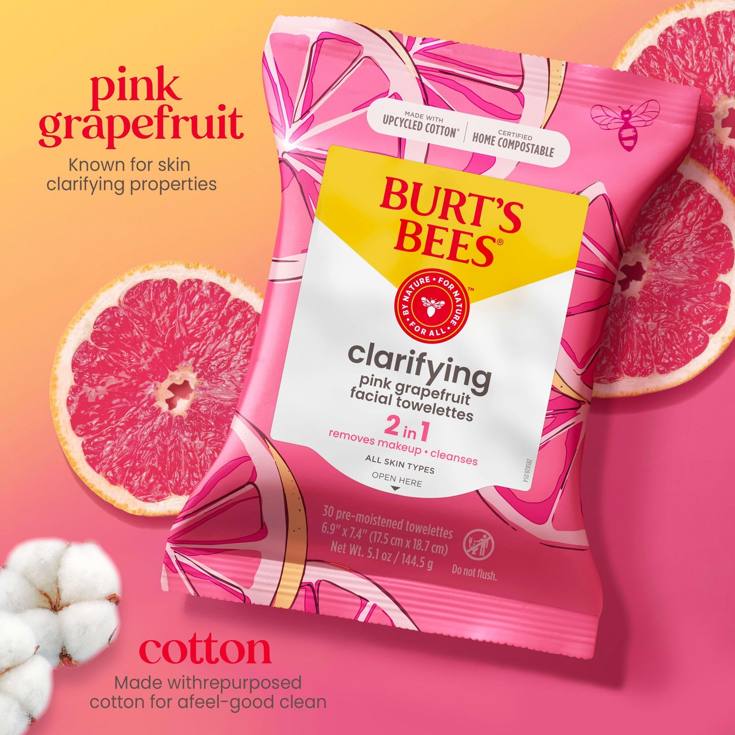 Burt's Bees Facial Cleansing Towelettes with Pink Grapefruit - 30 Count