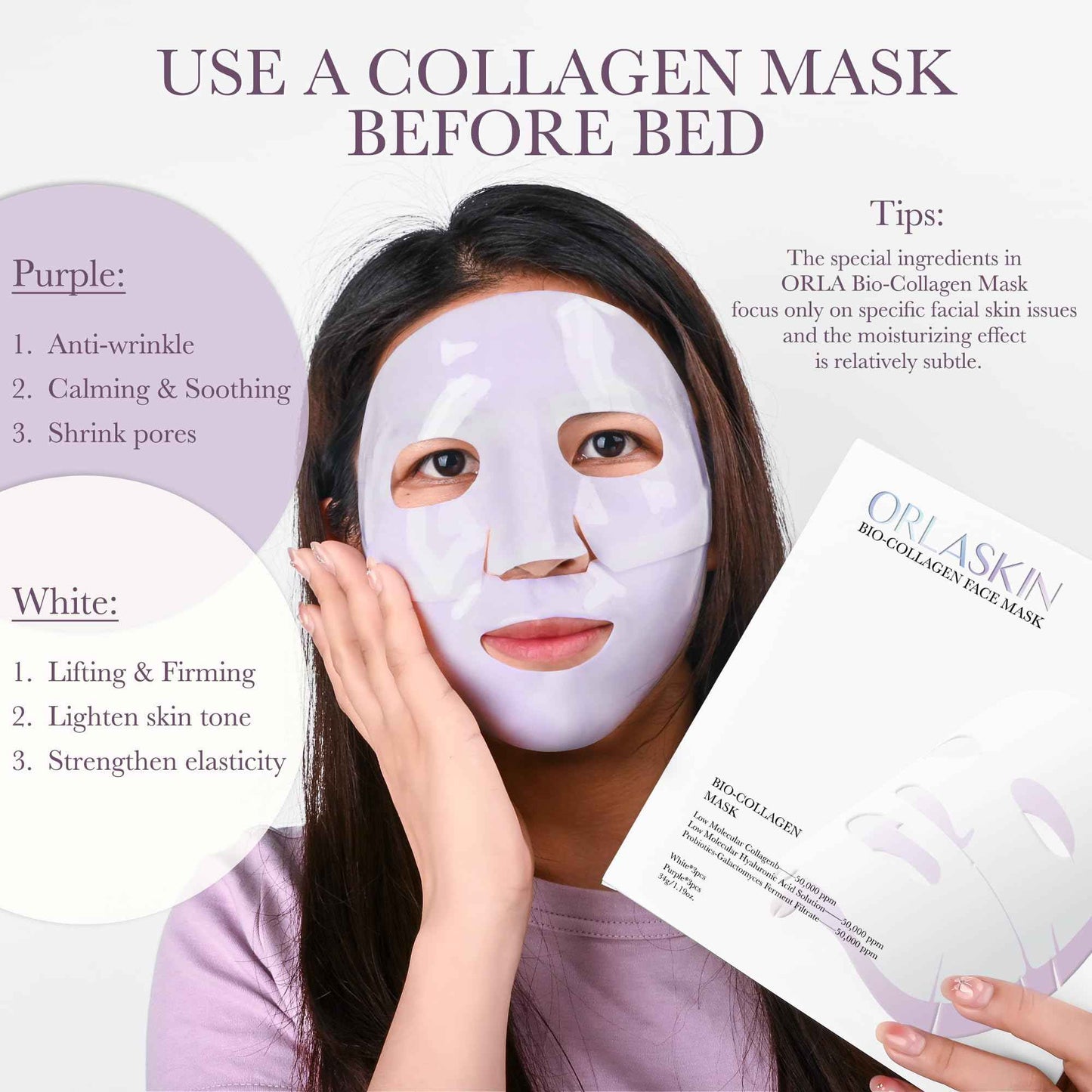6PCS Bio Collagen Face Mask Overnight Real Deep Skincare Deep Anti Wrinkle Lifting Mask for Pore Minimizing Firming Elasticity and Wrinkle(3pcs White&3pcs Purple)