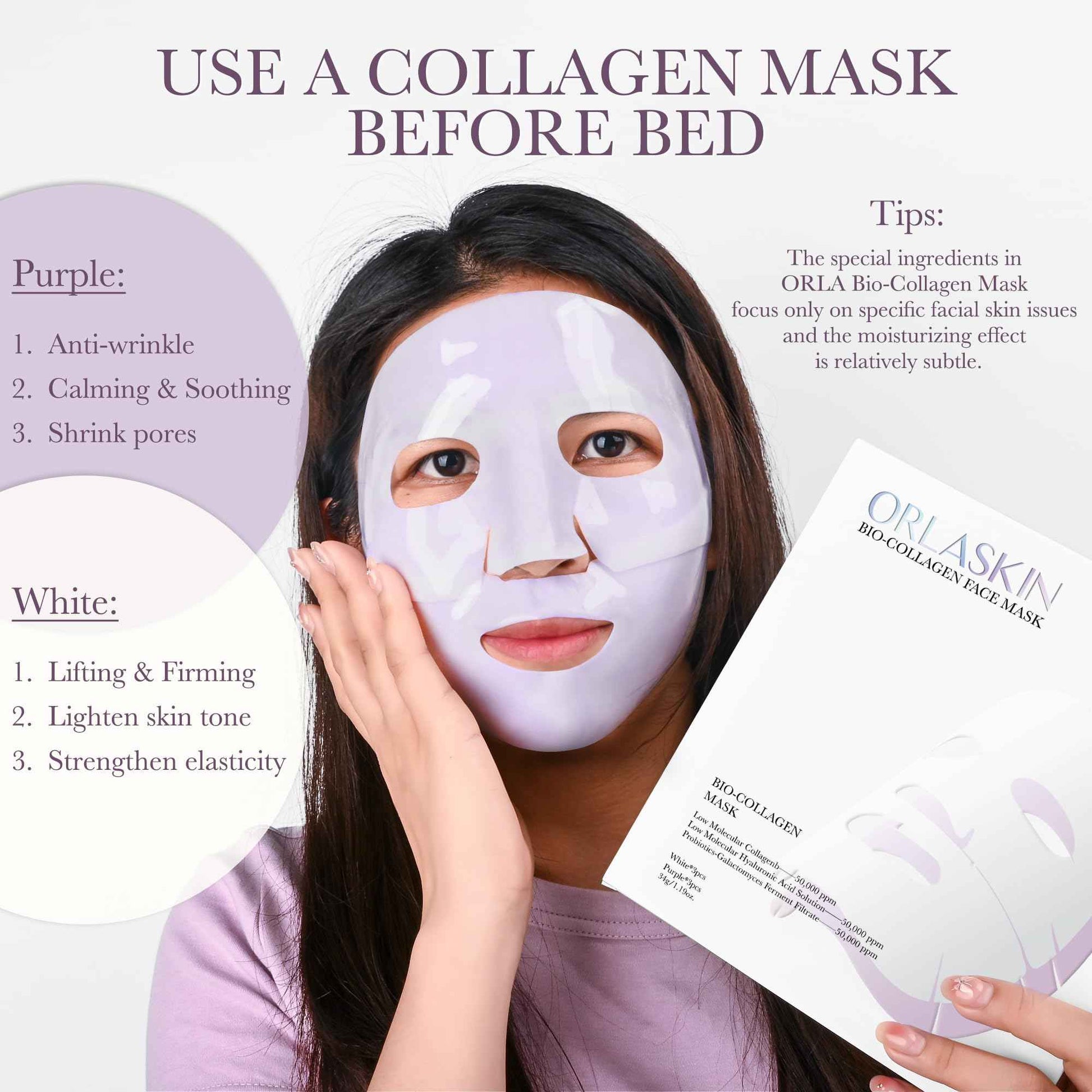 6PCS Bio Collagen Face Mask Overnight Real Deep Skincare Deep Anti Wrinkle Lifting Mask for Pore Minimizing Firming Elasticity and Wrinkle(3pcs White&3pcs Purple)