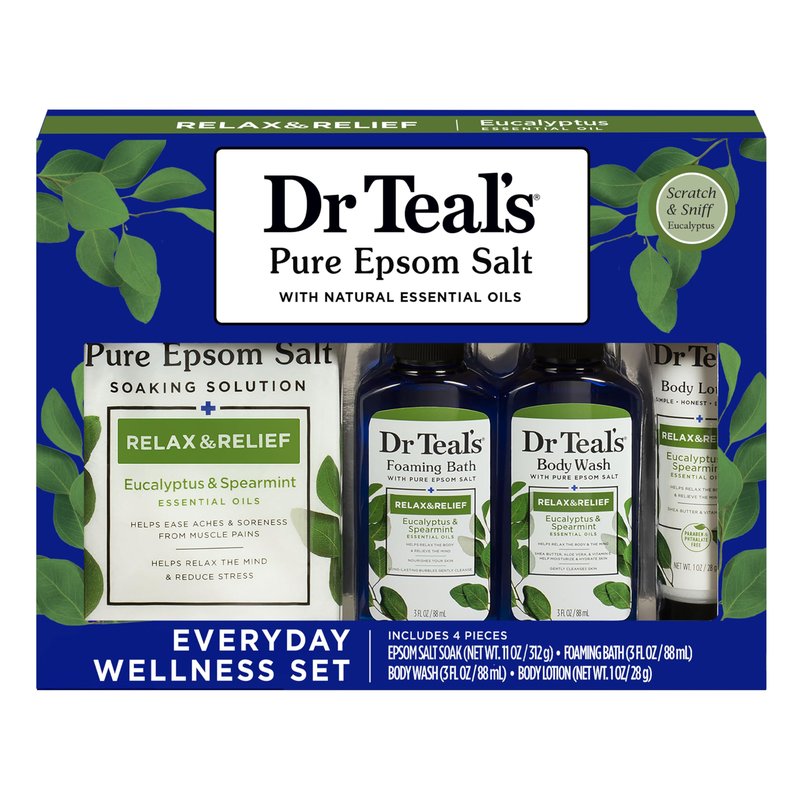 Dr Teal's Relax & Relief Bath Gift Set, Eucalyptus & Spearmint Essential Oil , 4 Piece