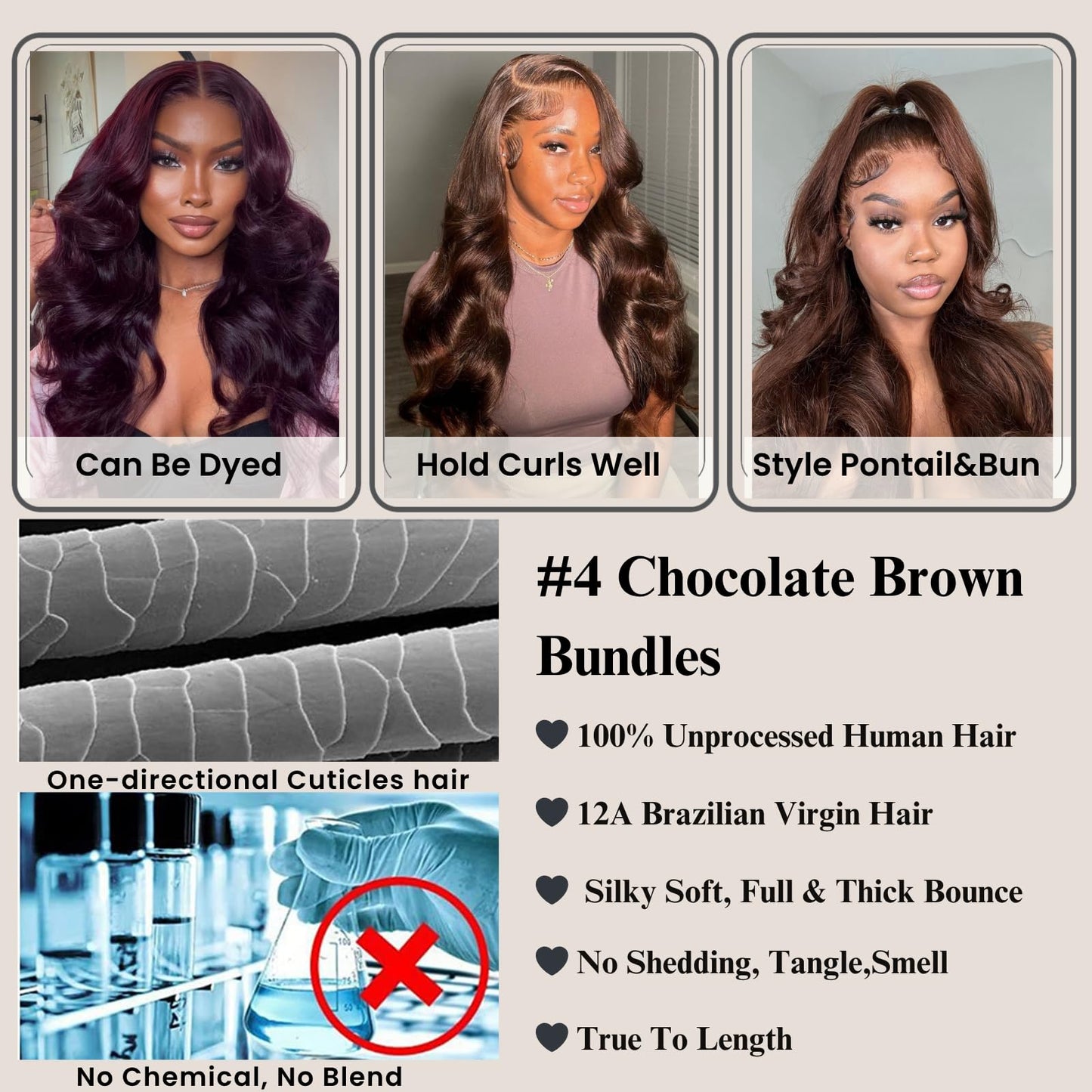 ALHER Color #4 Chocolate Brown Single Bundle Human Hair Body Wave, 12A Dark Brown Human Hair, 100% Unprocessed Brazilian Virgin Remy Hair Soft Thick Single Wavy Bundle Sew In Double Weft 14 IN