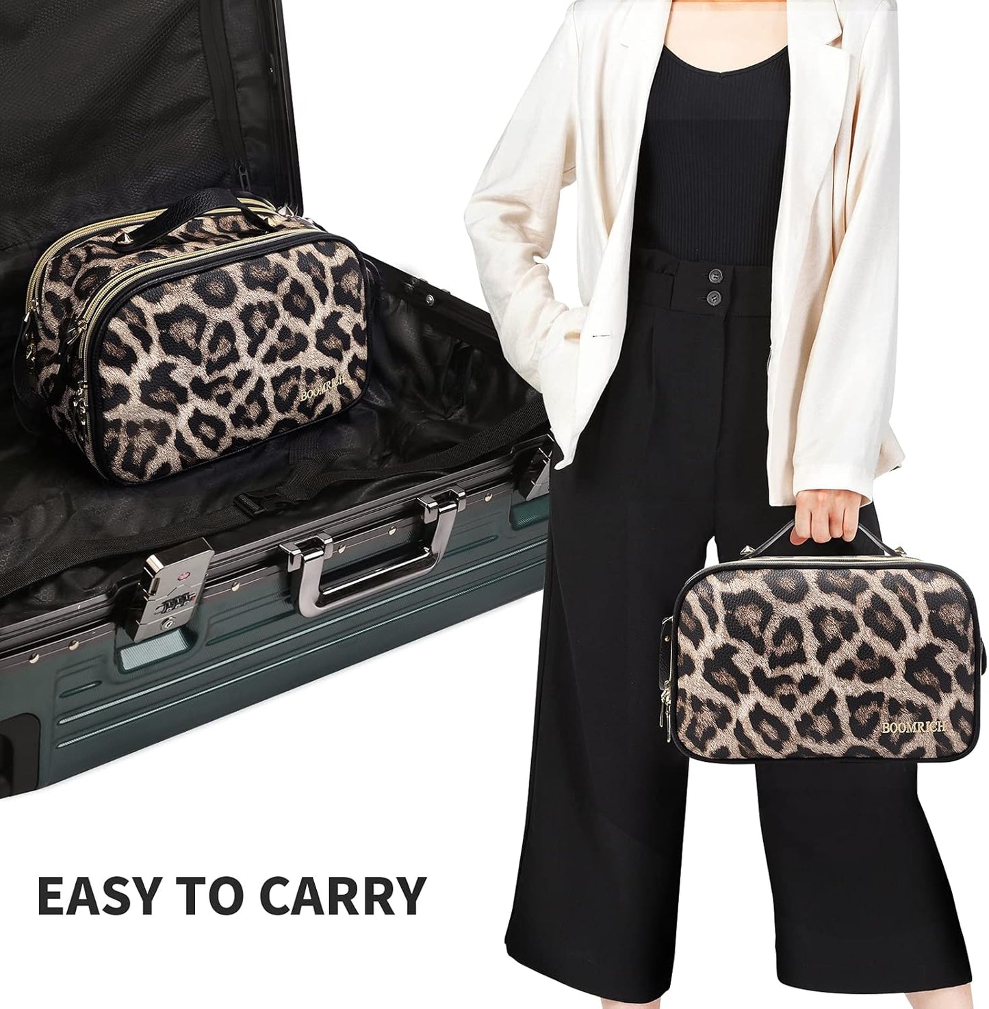 Large Travel Makeup Bag - Water-Resistant Leather Toiletry Organizer | Leopard Print Design