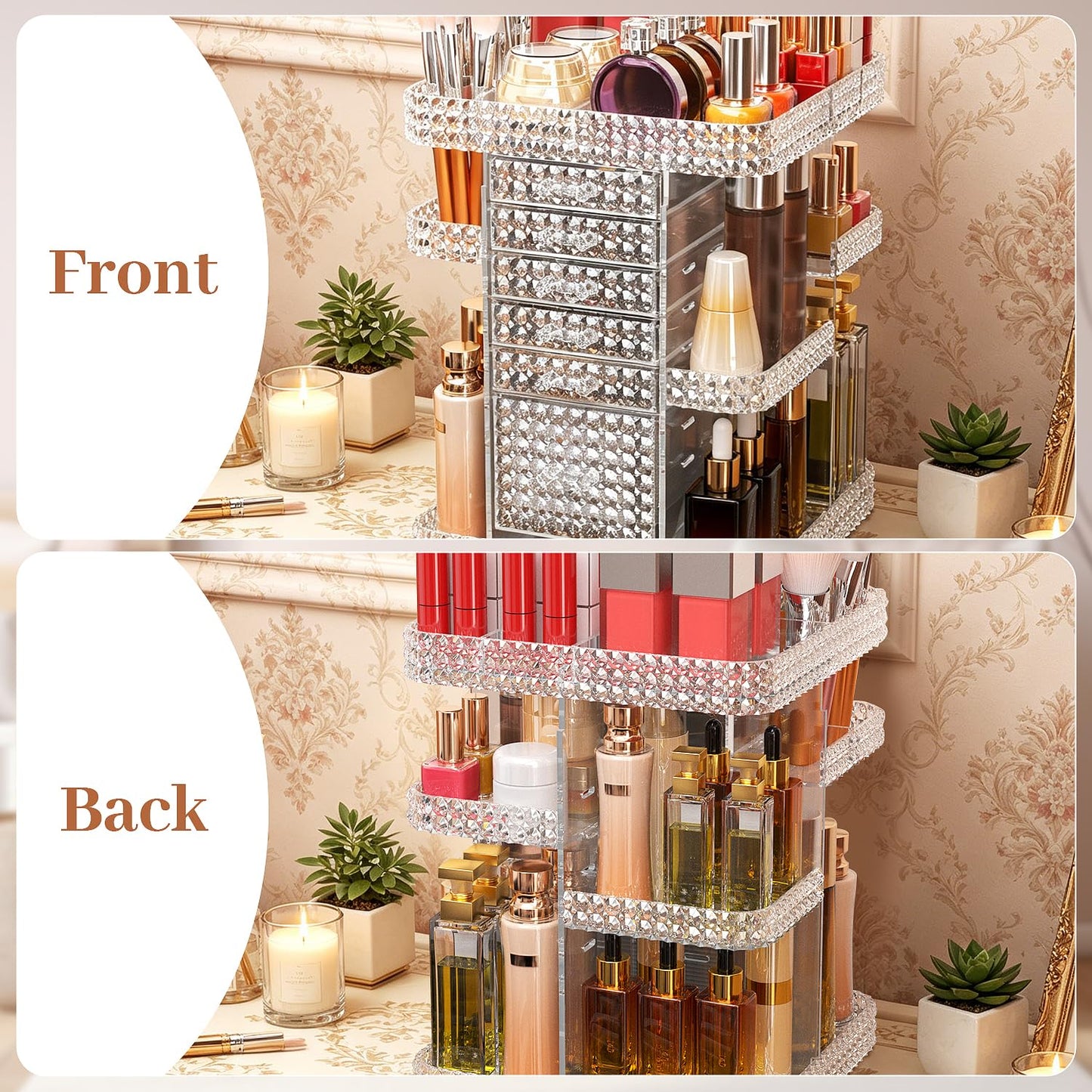 BOCONY 360 Rotating Makeup Organizer for Vanity, Large Skin Care Organizer with 6 Drawers Clear Acrylic Cosmetic Organizer Adjustable Spinning Makeup Storage Perfume Organizer for Dresser (Clear)