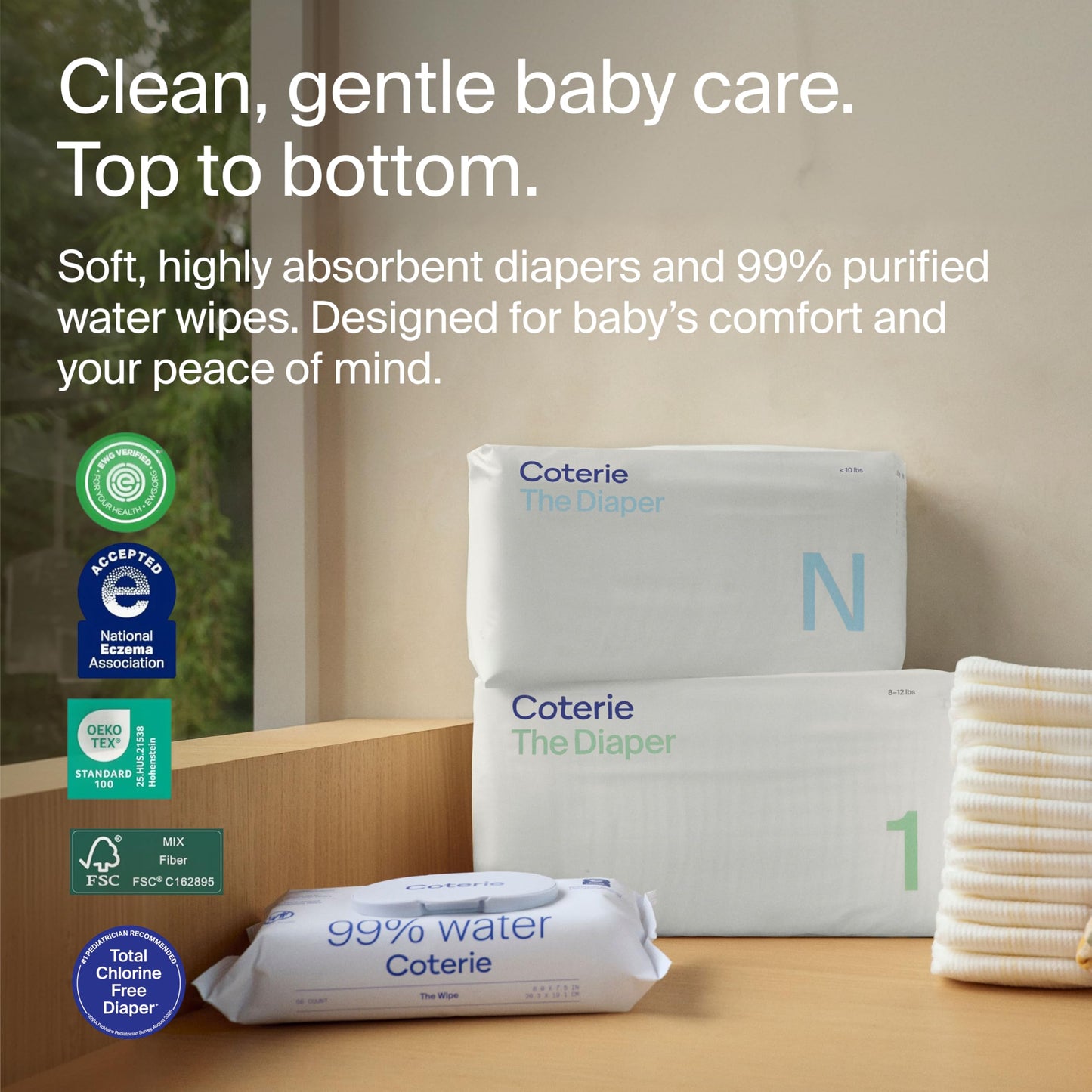 Coterie Baby Wipes + Diapers Kit, Size 1 (198 Count) & Size Newborn Diapers (93 Count), 4 Pack (224) Wipes with 99% Water, Plant Based Materials, Hypoallergenic for Sensitive Skin, Baby Essentials