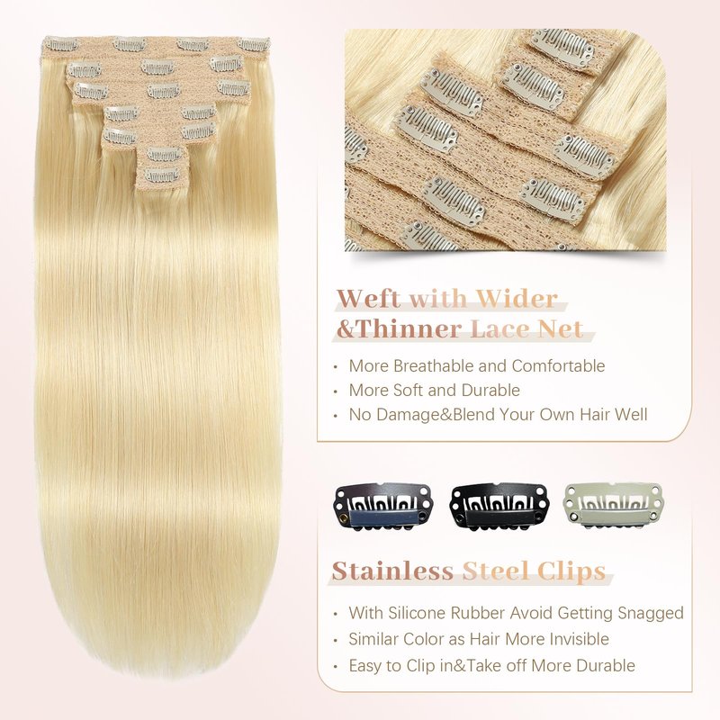 Sisily Clip in Hair Extensions Real Human Hair, Premium Human Hair Clip in Extensions Bleach Blonde, Soft Straight Hair Extensions Real Human Hair Clip ins 7PCS Double Weft（16 Inch #613）