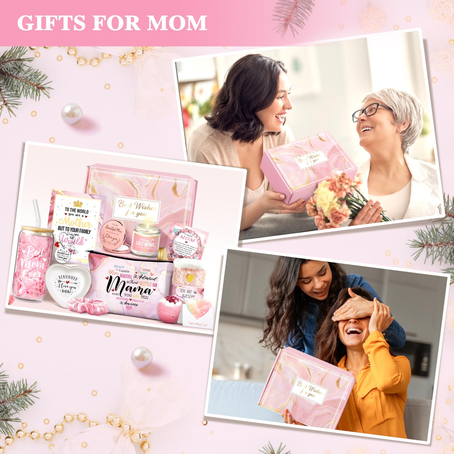 Jumway Gifts for Mom Gifts Basket, Mother's Day Gifts for Mom Birthday Gifts Set Include Glass Cup, Scented Wax Candle, Bath Bomb Scented Soap Make-up Bag
