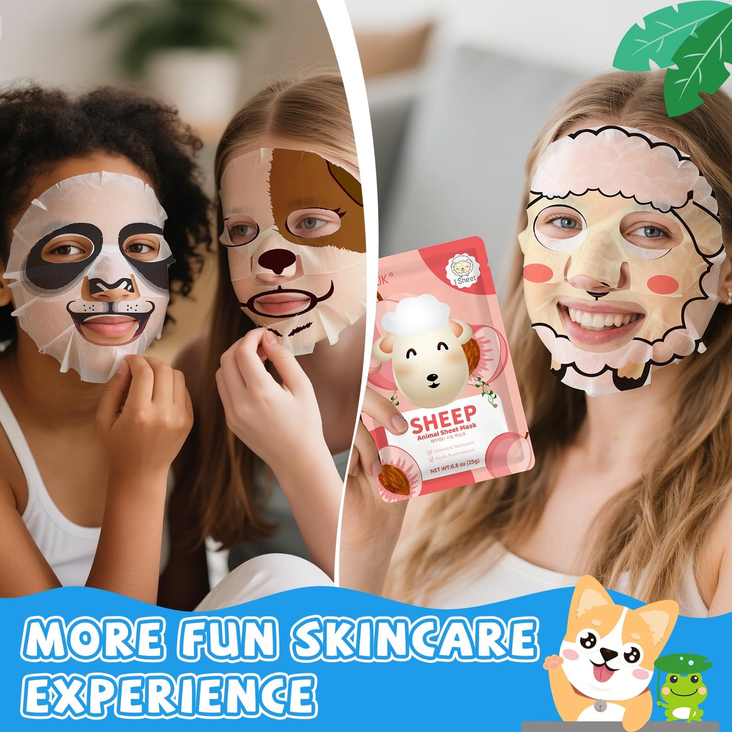 KONEUK 36 Pack Cute Animal Kids Face Mask, Sheet Collagen Moisturizing Face Mask for Girls Teens, Sleepover Party Supplies, Bulk Spa Party Gifts and Birthday Gifts