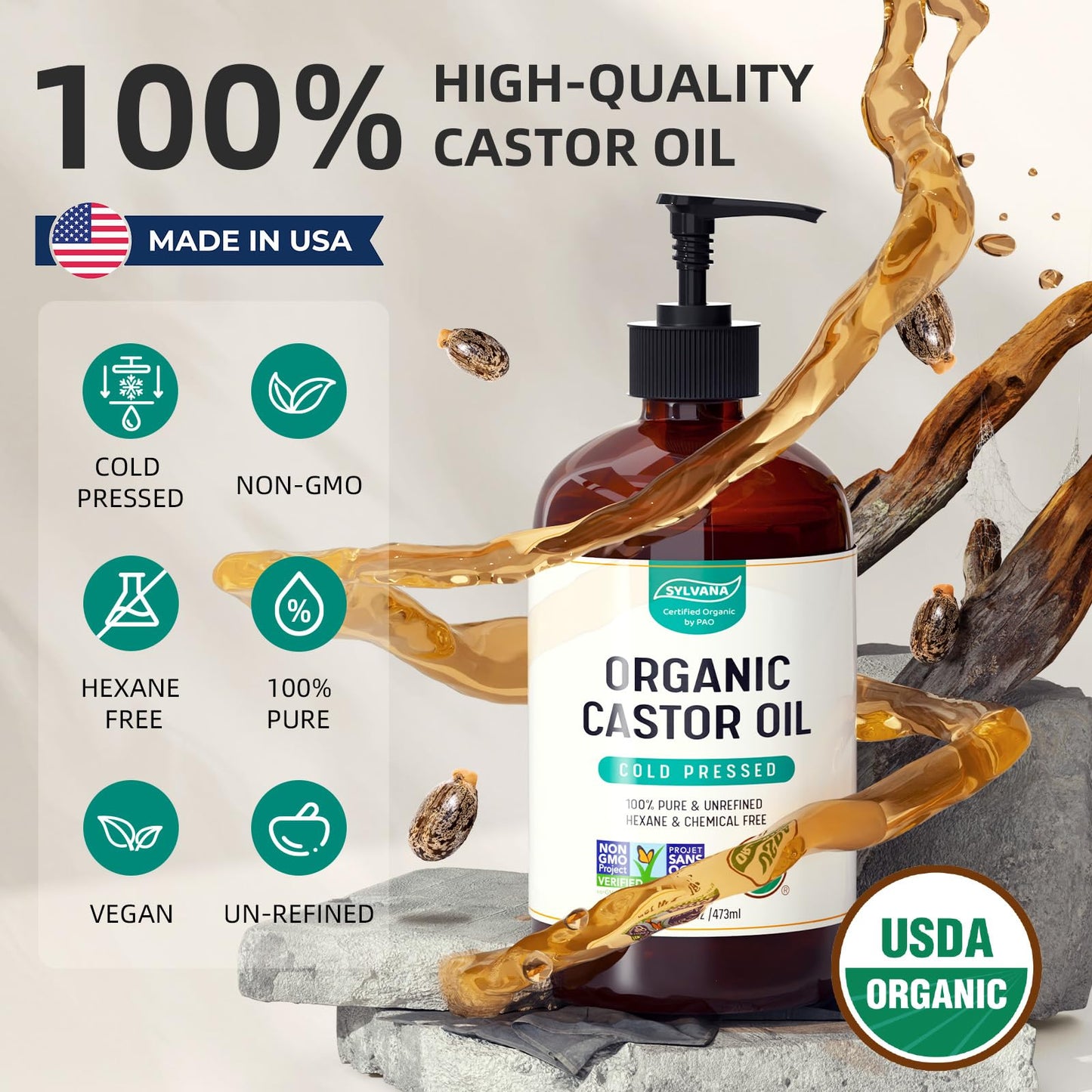 SYLVANA Organic Castor Oil (16oz Glass Bottle), USDA Certified Organic, Cold Pressed, Vegan, Hexane Free - 100% Pure Castor Oil for Nourishing Skin, Hair Growth, Lashes & Eyebrows