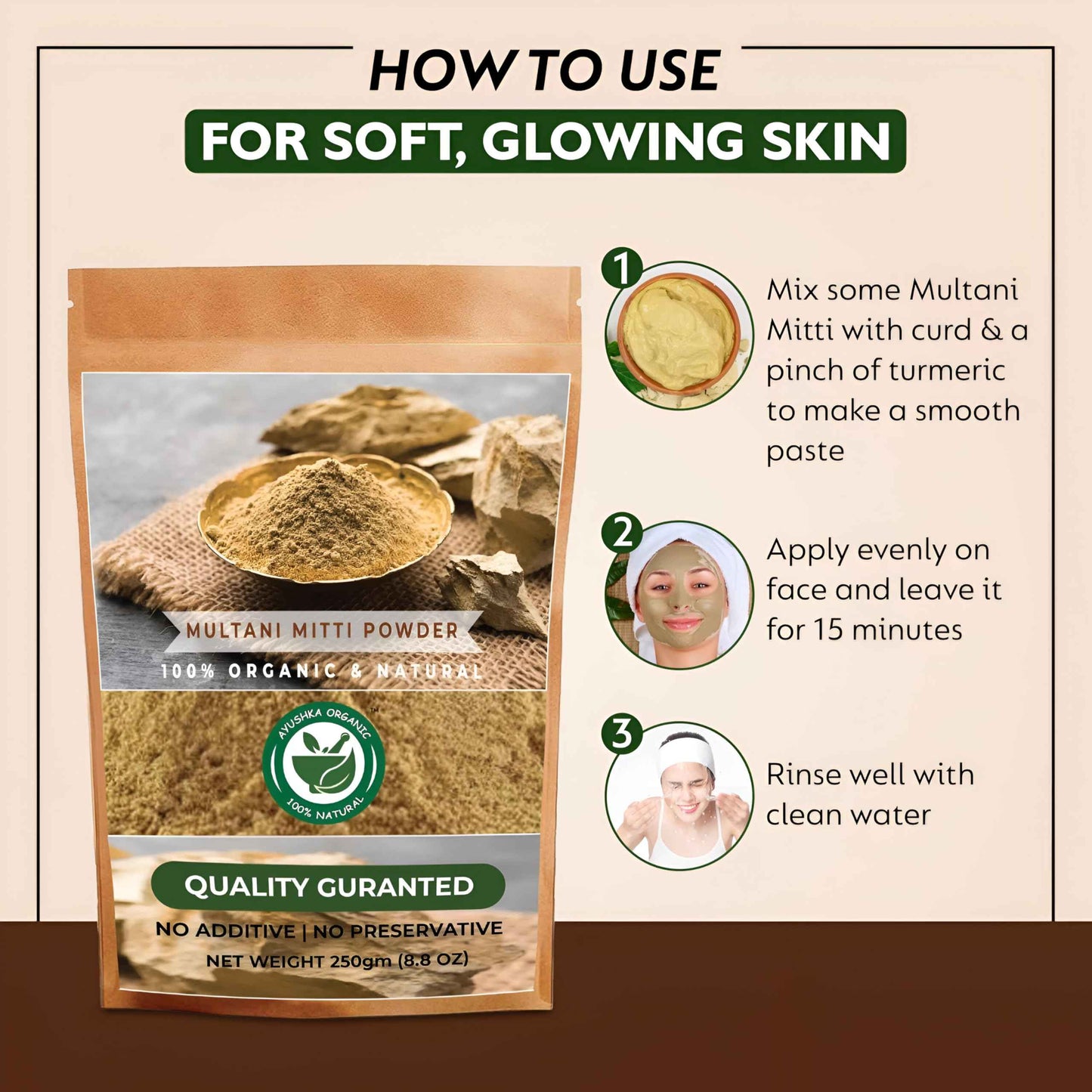 AYUSHKA ORGANIC Multani Mitti Powder | Fuller's Earth | Natural Skincare | Oil-Absorbing Beauty Treatment (8.8 OZ | 250 gm)