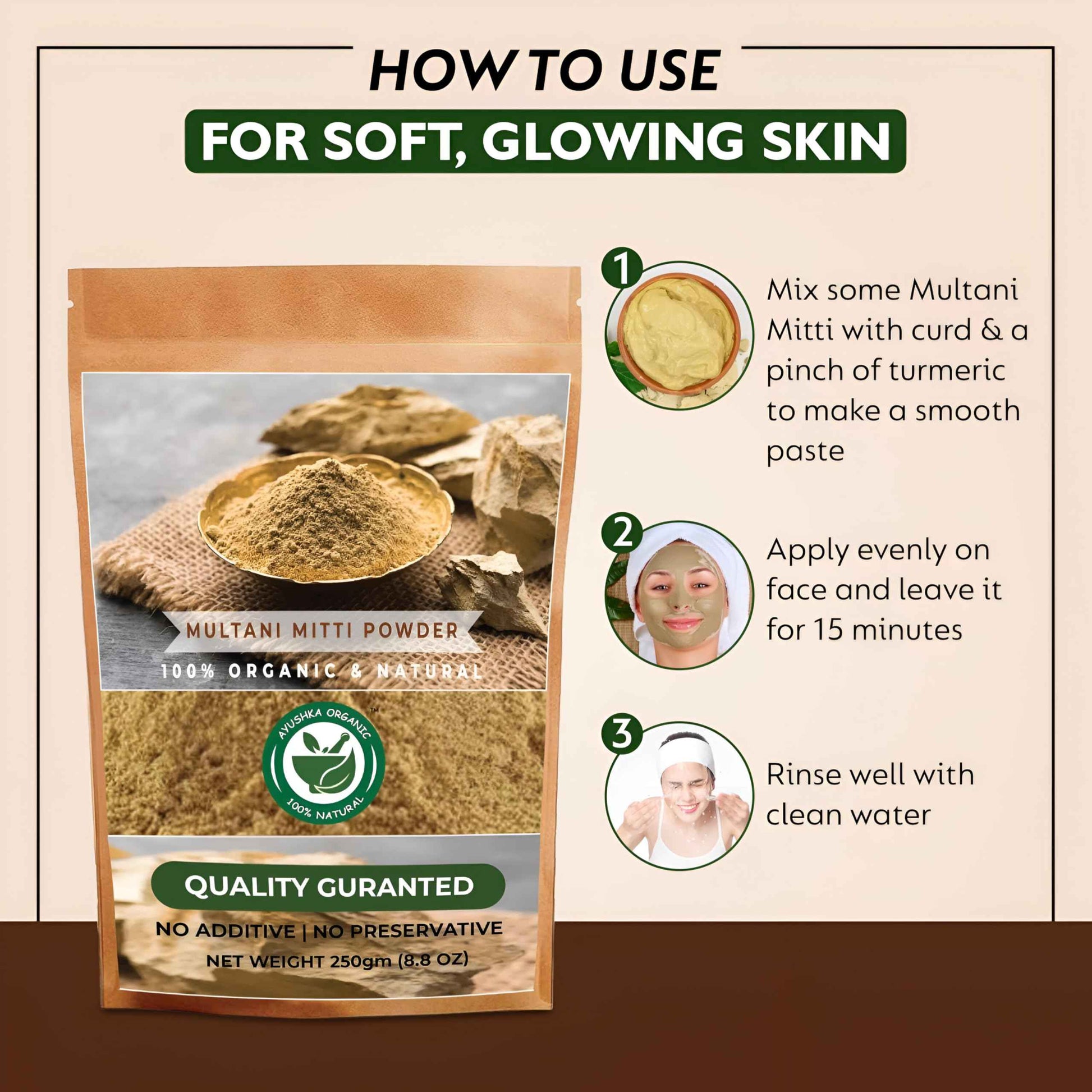 AYUSHKA ORGANIC Multani Mitti Powder | Fuller's Earth | Natural Skincare | Oil-Absorbing Beauty Treatment (8.8 OZ | 250 gm)