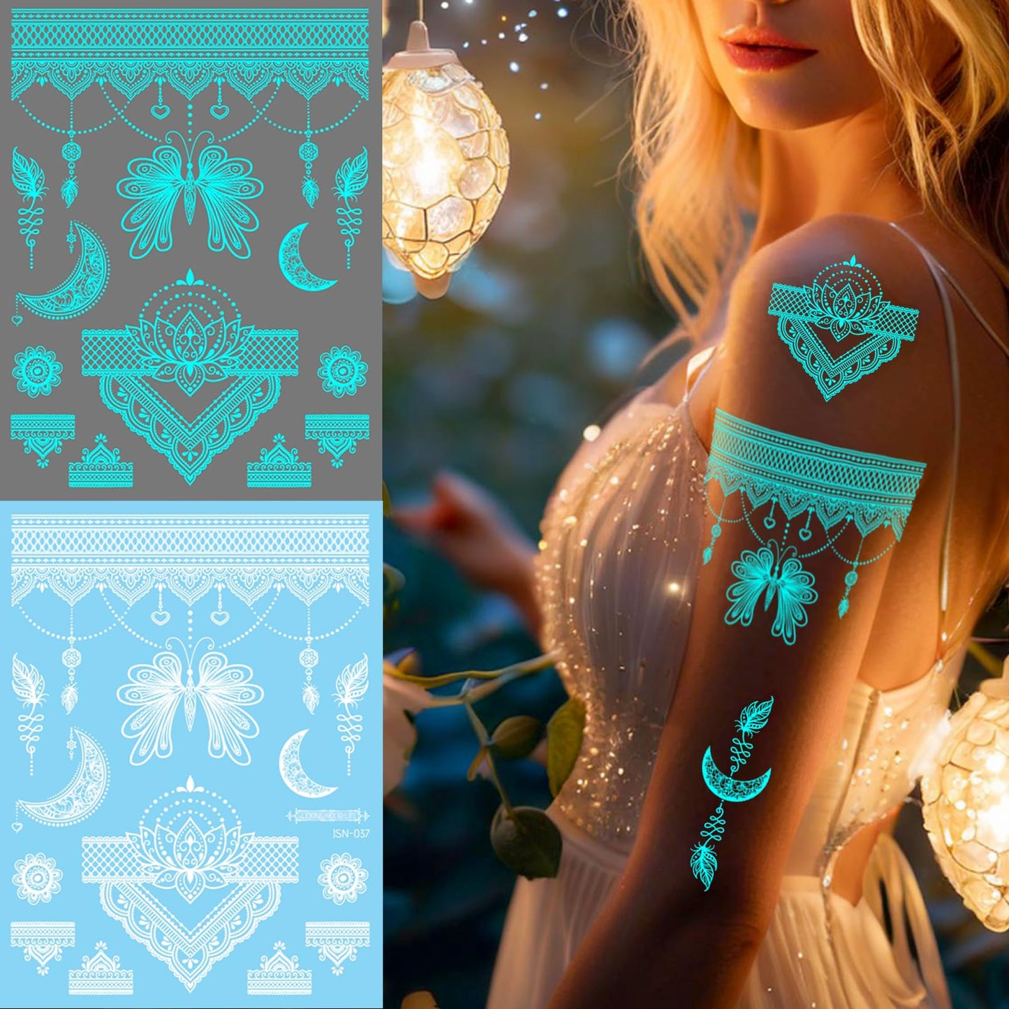 Casciybo Glow In The Dark Tattoo 7 Sheets for Women, UV Blacklight Reactive Face Temporary Tattoos for Adults Fake Flower Butterfly Waterproof Face Body Arm Tattoo, Night Glitter Party Supply