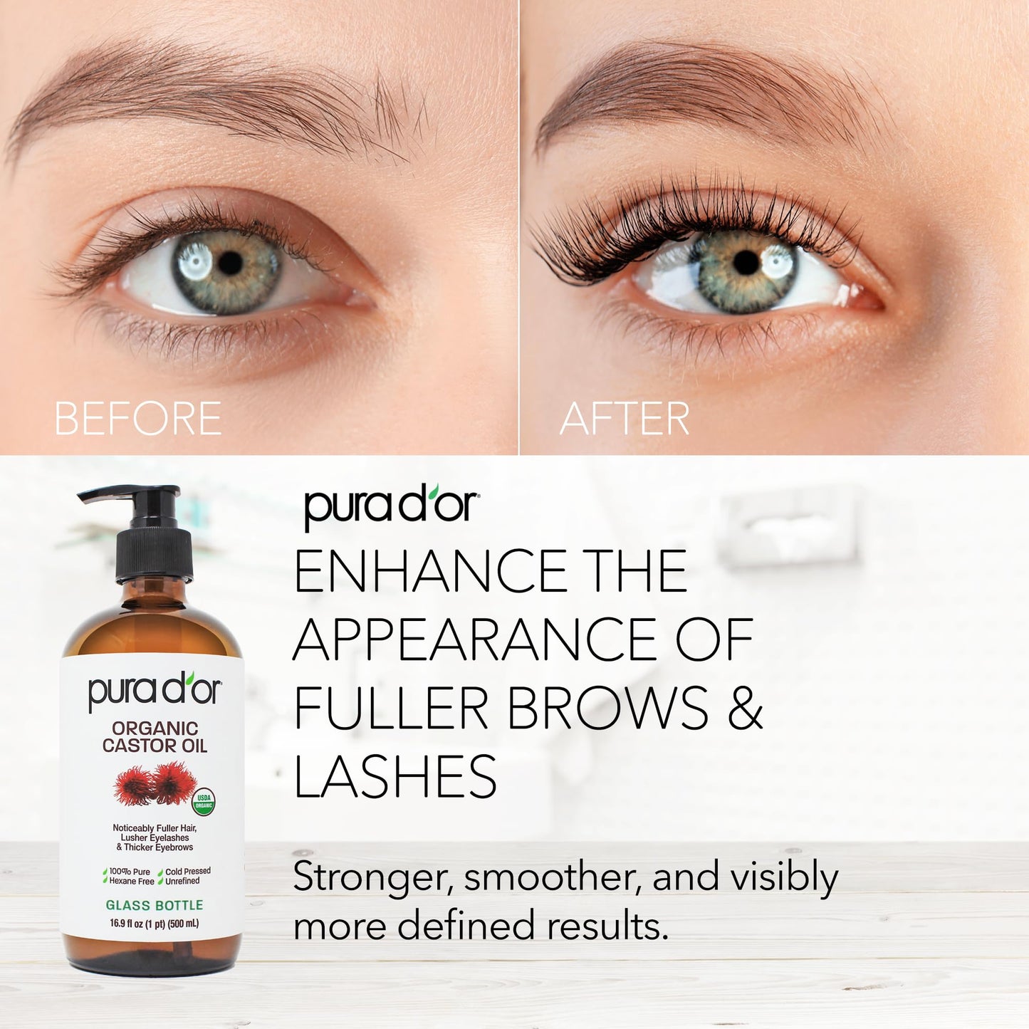 PURA D'OR ORGANIC Castor Oil (16.9 Oz GLASS BOTTLE) Pure Cold-Pressed Hexane-Free USDA Certified – Lashes Brows Hair Scalp Skin – Botanical Moisturizer for Softness Strength Hydration Shine Radiance