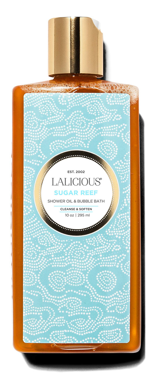 LALICIOUS Sugar Reef Shower Oil & Bubble Bath, Moisturizing Body Wash with Topical Probiotics & Grapeseed Oil, Multi-Use Softening Cleanser for Shower, Bath & Shaving, 10 oz