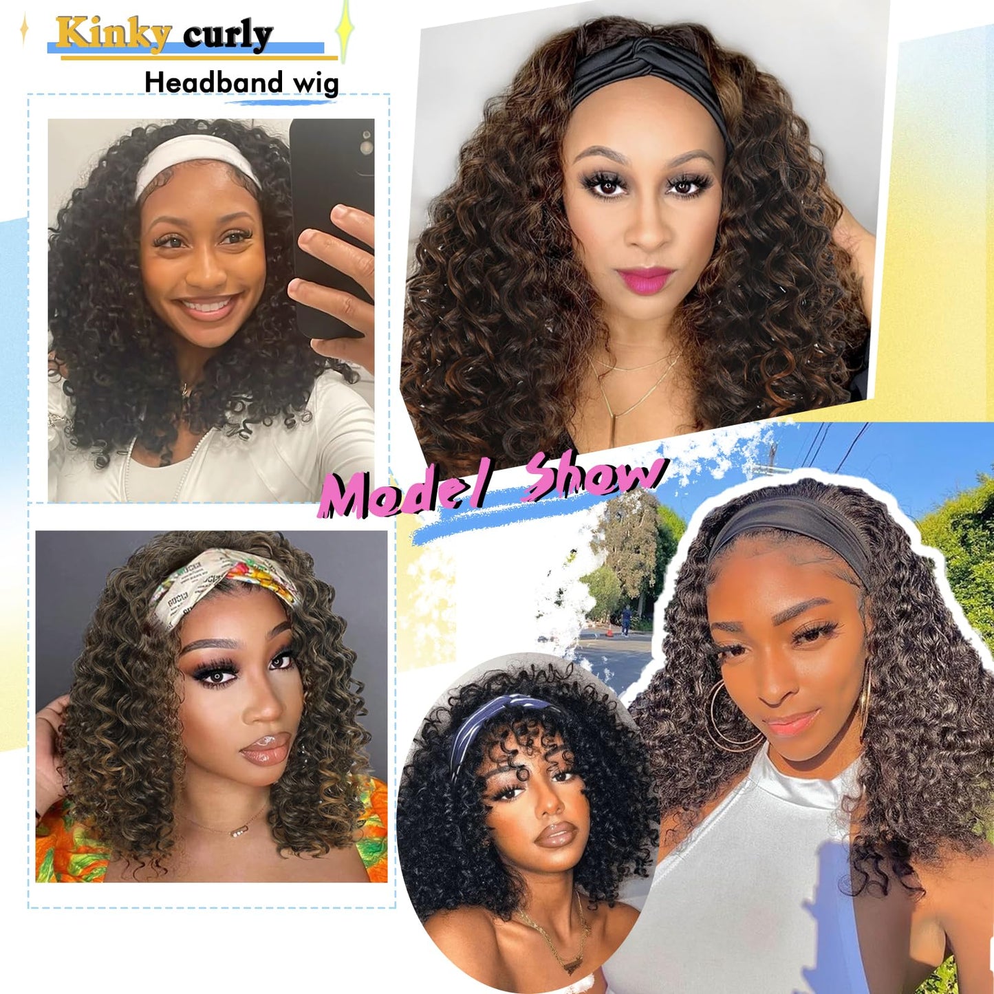 Usweety Headband Wigs Curly Short Deep Wave Wig 14 inches Synthetic Headband Wig for Women No Lace Wig Natural Color Bob Headband wig for Daily Use