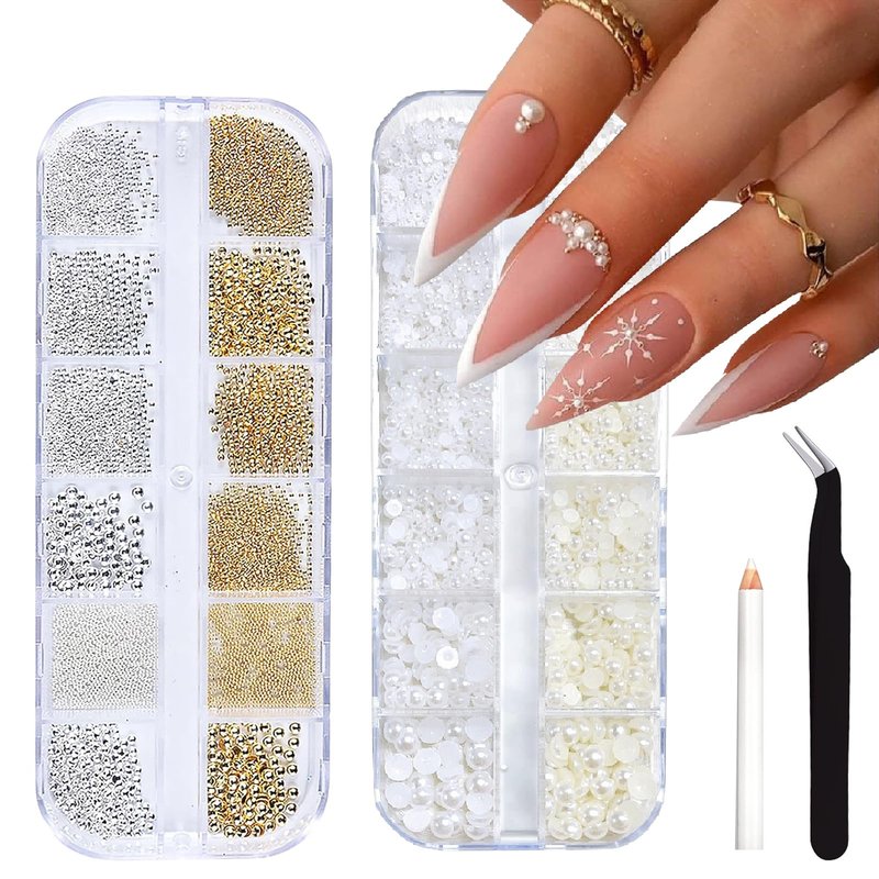 ITPOYOL Nail Art Pearls Flatback Pearls Nail Charms Metal Silver Gold Beads Luxurious Design Half Round White Beige Gems Jewelry Accessories for Women Manicure Decorations Supplies