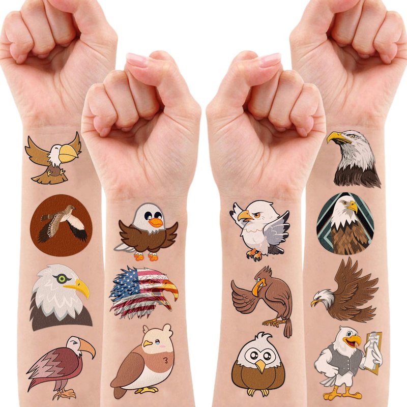 Eagle Temporary Tattoos 8 Sheets 80PCS Bald Eagles Party Decorations Supplies Favors American Flag Bird Theme Birthday Cute Stickers Christmas Gifts for Boys Girls Class School Prizes Carnival