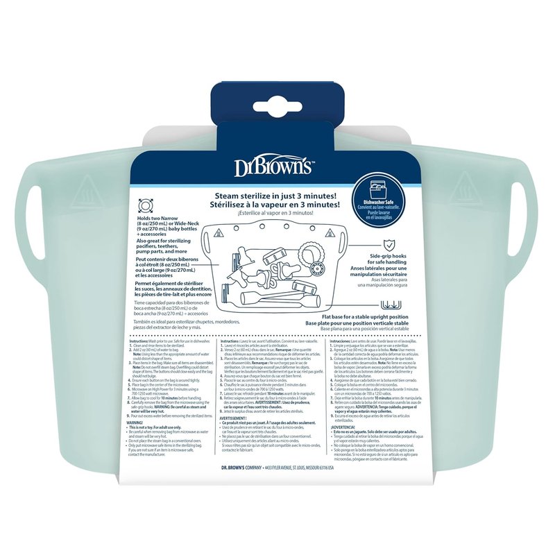Dr. Brown's Microwave Steam Sterilizer Bag - Reusable Silicone for Baby Bottles & Pump Parts | 5 Pack