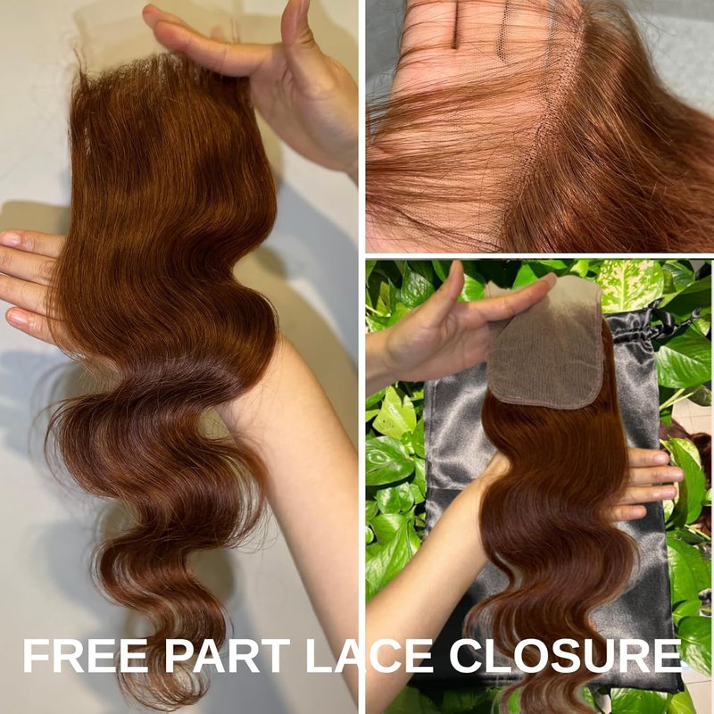 33 Reddish Brown Body Wave Lace Closure - 100% Virgin Remy Human Hair, 10 Inch, Pre-Plucked with Baby Hair