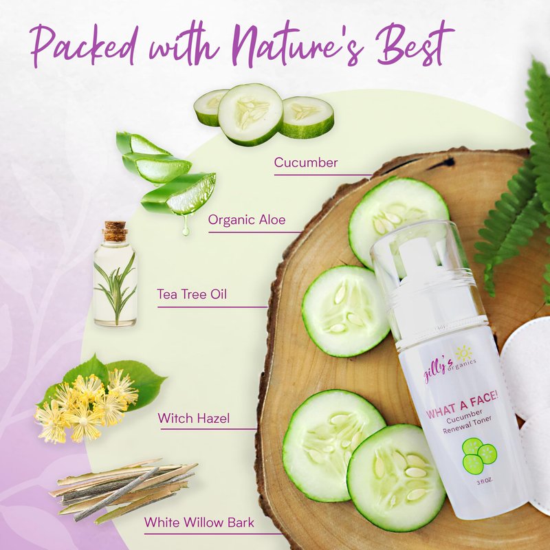 Made in USA Cucumber & Witch Hazel Toner Spray for Face – Gilly’s Organics Natural Astringent with Aloe & Tea Tree – Pore Minimizer, Acne Mist, Hydrating Primer & Moisturizer, 3 fl oz