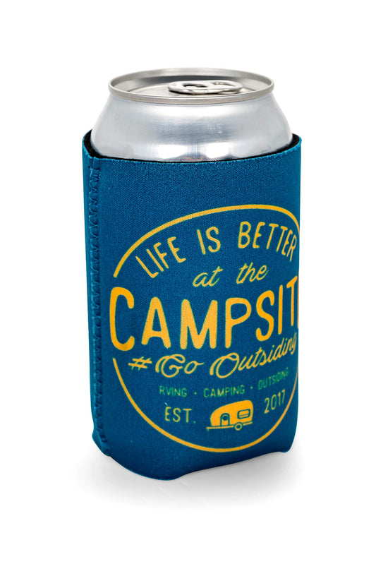 Camco Life is Better at The Campsite Sleeve – Neoprene Soda or Beer Coolie, Fits 12 oz. Cans, Navy Blue and Gold Seal – (53247)