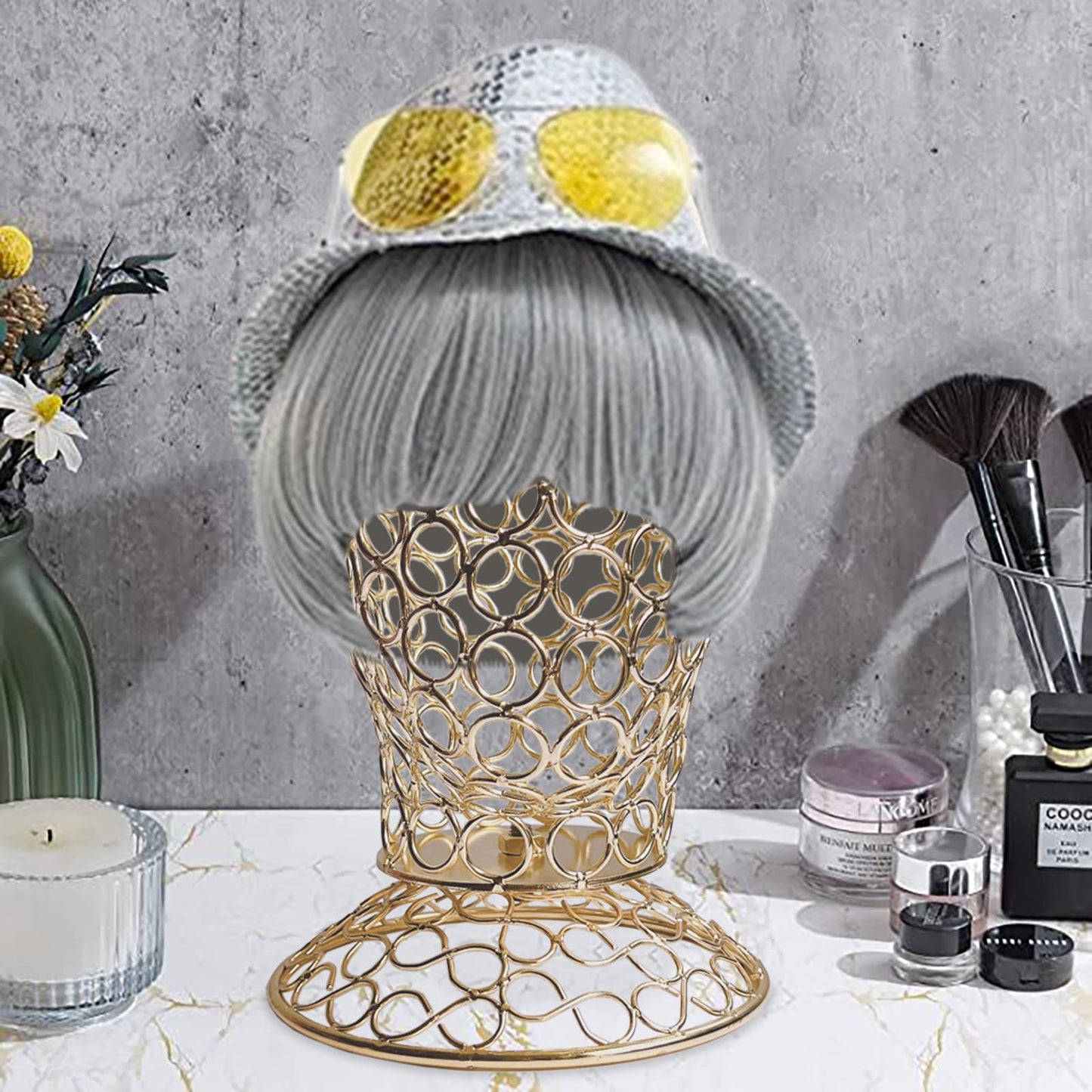 CHADWICK Wig Head Stand Metal Hollow Mannequin Head Hat Display Stand Wig Holder, Wig Display Model Head Wig Stand for Wigs, Hats, Caps, Headdress, Headphones, Dome + Detachable Stand, Chrome Gold