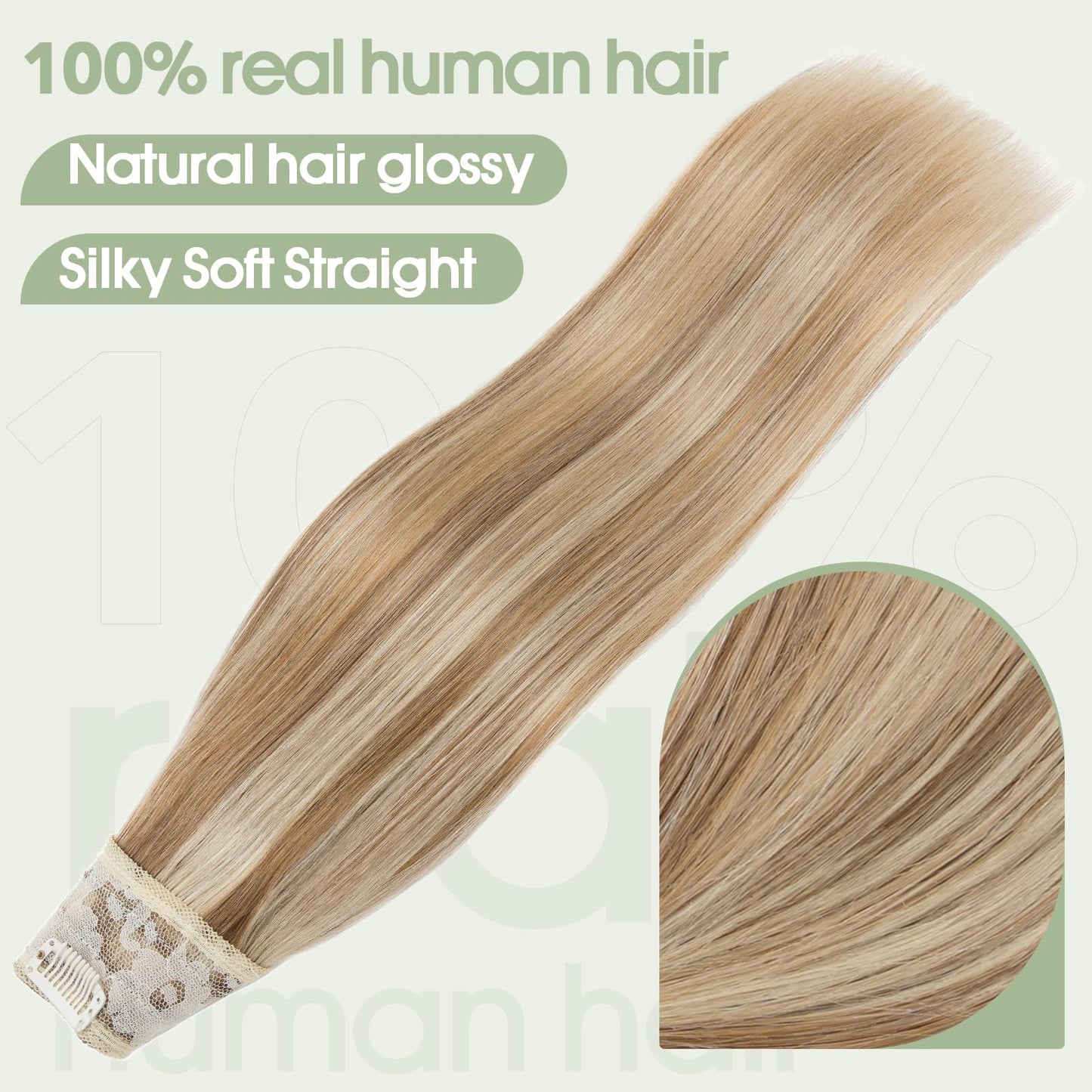 S-noilite One Piece Clip-in Hair Extensions Human Hair Balayage 5 Clips 3/4 Full Head V Part Weft Thicker Hair Lace Net One Piece Hair Extensions (14"-50g, #Golden Brown/Bleach Blonde)