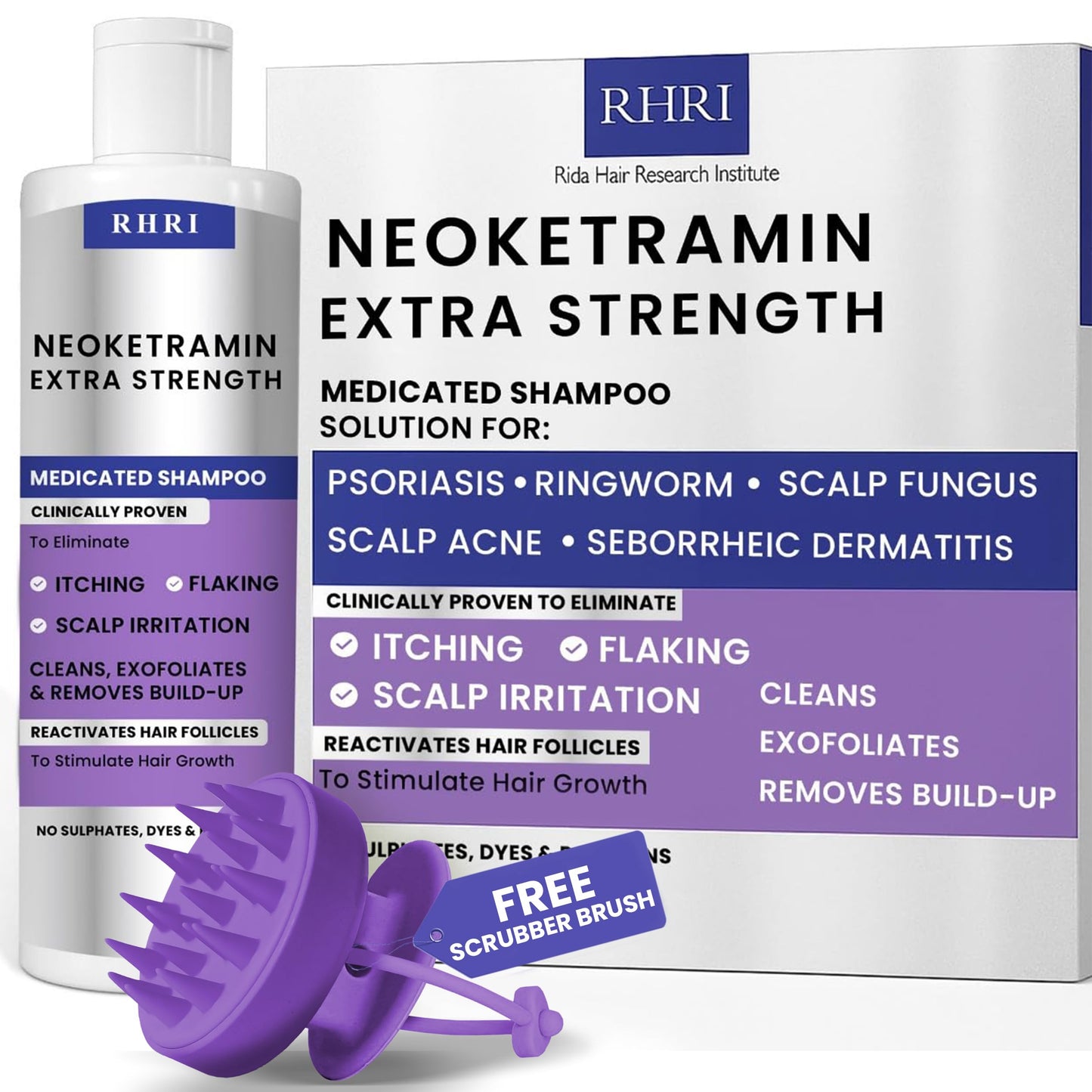 RHRI Anti Fungal Shampoo for Men & Women | Anti Dandruff, Medicated, Folliculitis Shampoo for Dry Scalp, Psoriasis, Ringworm | for Flaky & Irritated Scalp | No Paraben & Sulphate | w/Dandruff Brush