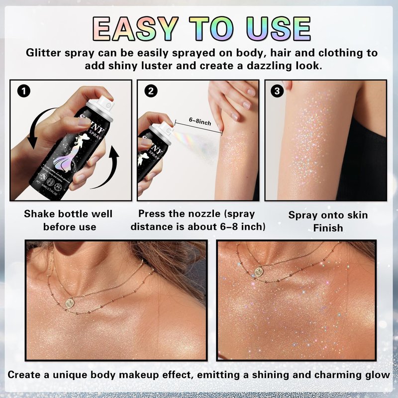 IONSGAKO Body Glitter Spray, 60ML Shiny Silver Glitter Spray for Hair Body and Clothes,Long-Lasting Quick-Drying Holographic Ultra Fine Powder Glitter Hairspray for Festival Rave Stage Prom 2.11 Fl Oz