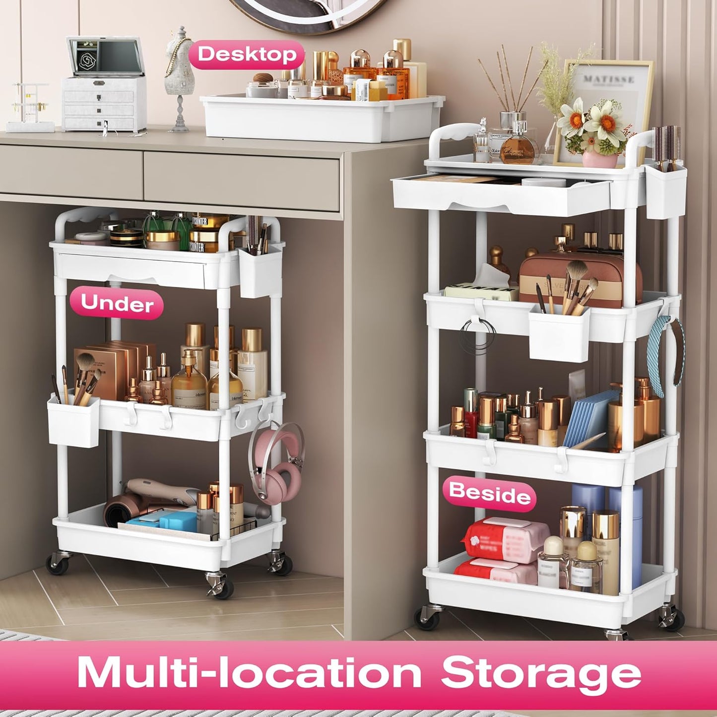 Rolling Makeup Organizer Cart - 4-Tier White Skincare Storage with Removable Drawer | Vanity & Beauty Display
