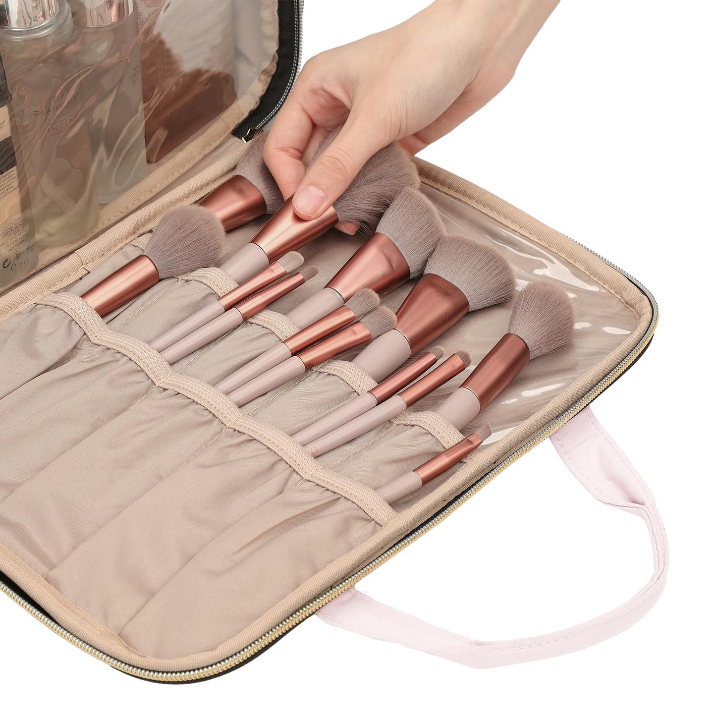 NISHEL Travel Makeup Bag Stand Up, Portable Cosmetic Organizer, Cosmetic Case for Travel-Size Toiletries, Pink