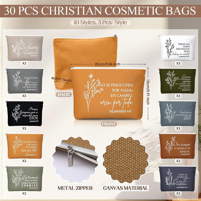 Spanish Christian Gifts for Women - 30 Sets Bible Verse Makeup Bags & Compact Mirrors | Boho Canvas Design