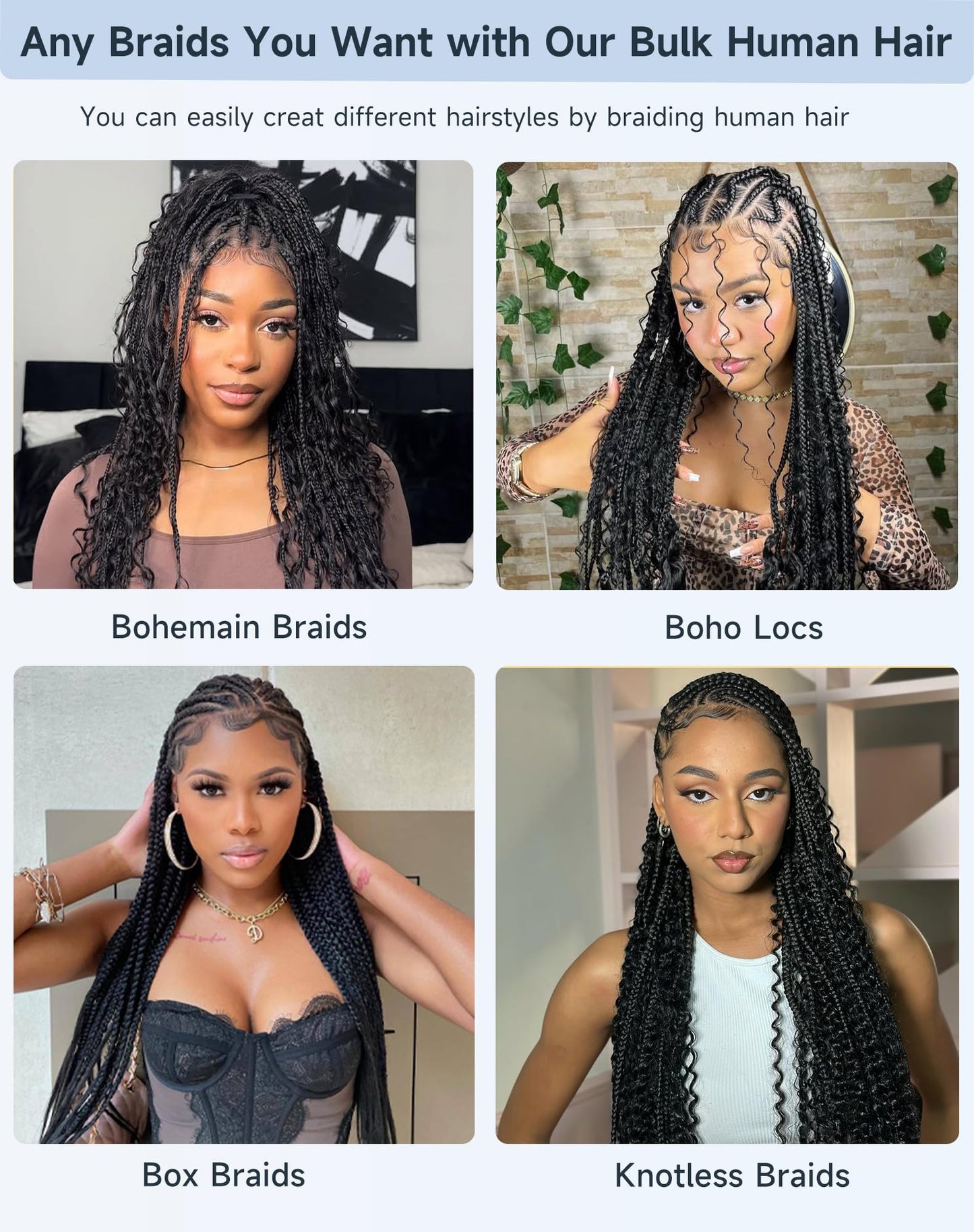 Human Braiding Hair For Boho Braids 110g Curly Boho Hair For Braiding Knotless 12A 100% Unprocessed Brazilian Virgin Hair Extensions Bulk Bohemian 4 Bundles/Pack Natural Color 20Inch