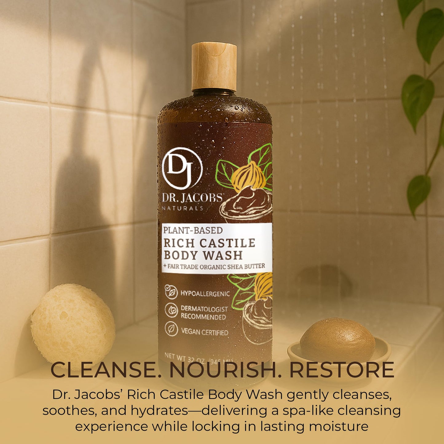Dr. Jacobs Naturals Pure Castile Soap Liquid Body Wash, Shea Butter - Plant Based Soap Infused with Vitamin E and Aloe Vera to Moisturize Dry and Sensitive Skin - Made in the USA - 32 oz, Pack of 2