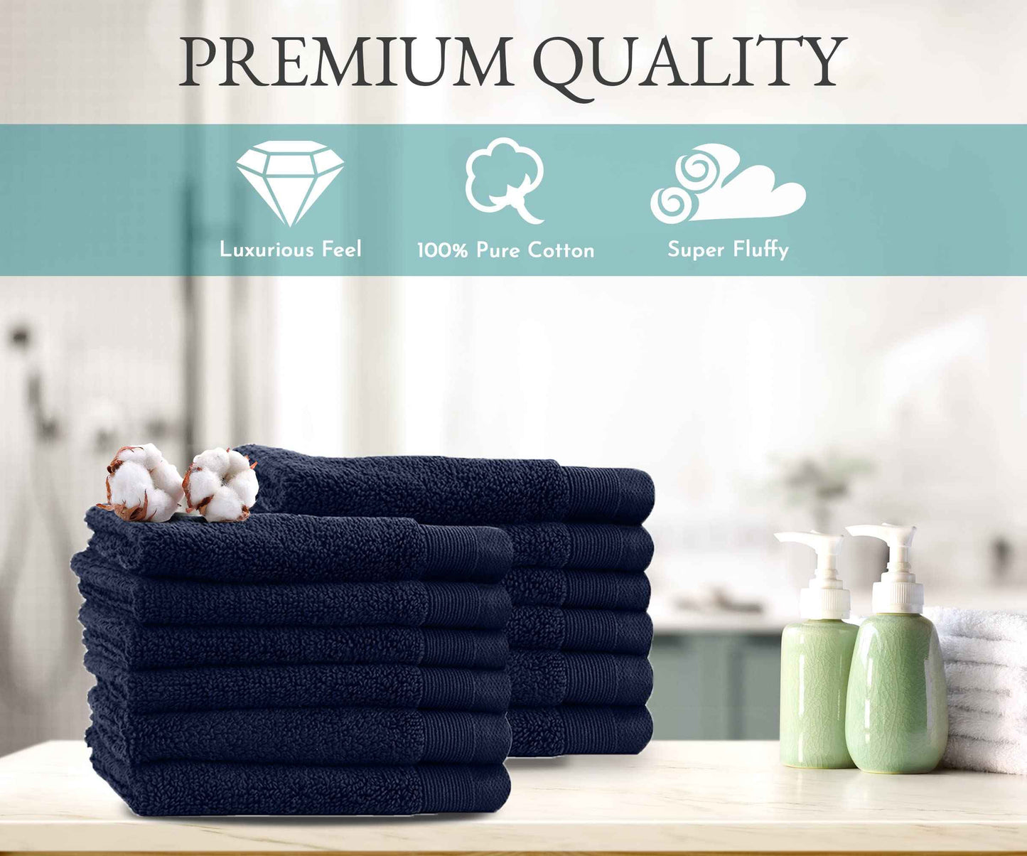 Luxury 100% Cotton Washcloths - Pack of 12, Extra Soft & Fluffy, Quick Dry & Highly Absorbent, Hotel Quality, Small Hand Towel Set for Gym, Salon, Spa & Home Care, Navy Blue - 13" x 13"
